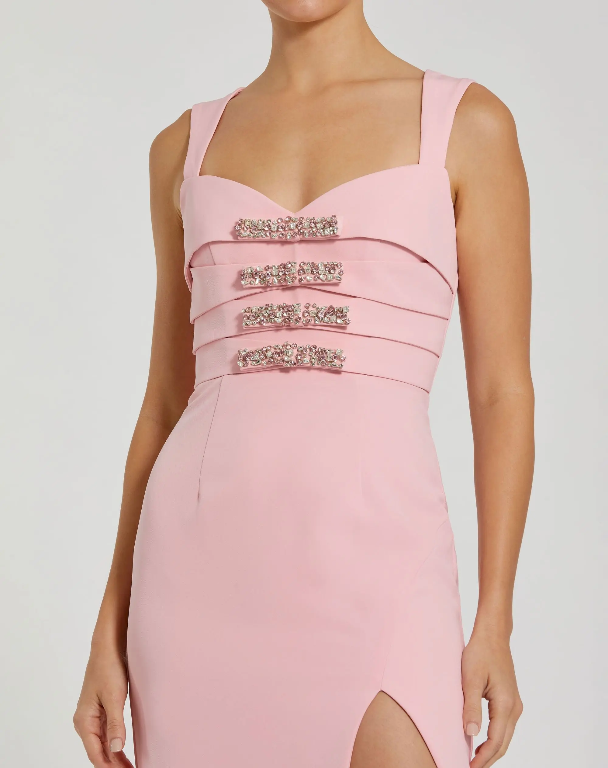 Pink Sleeveless Crepe Gown With Embellished Bows - Special Events Unlimited