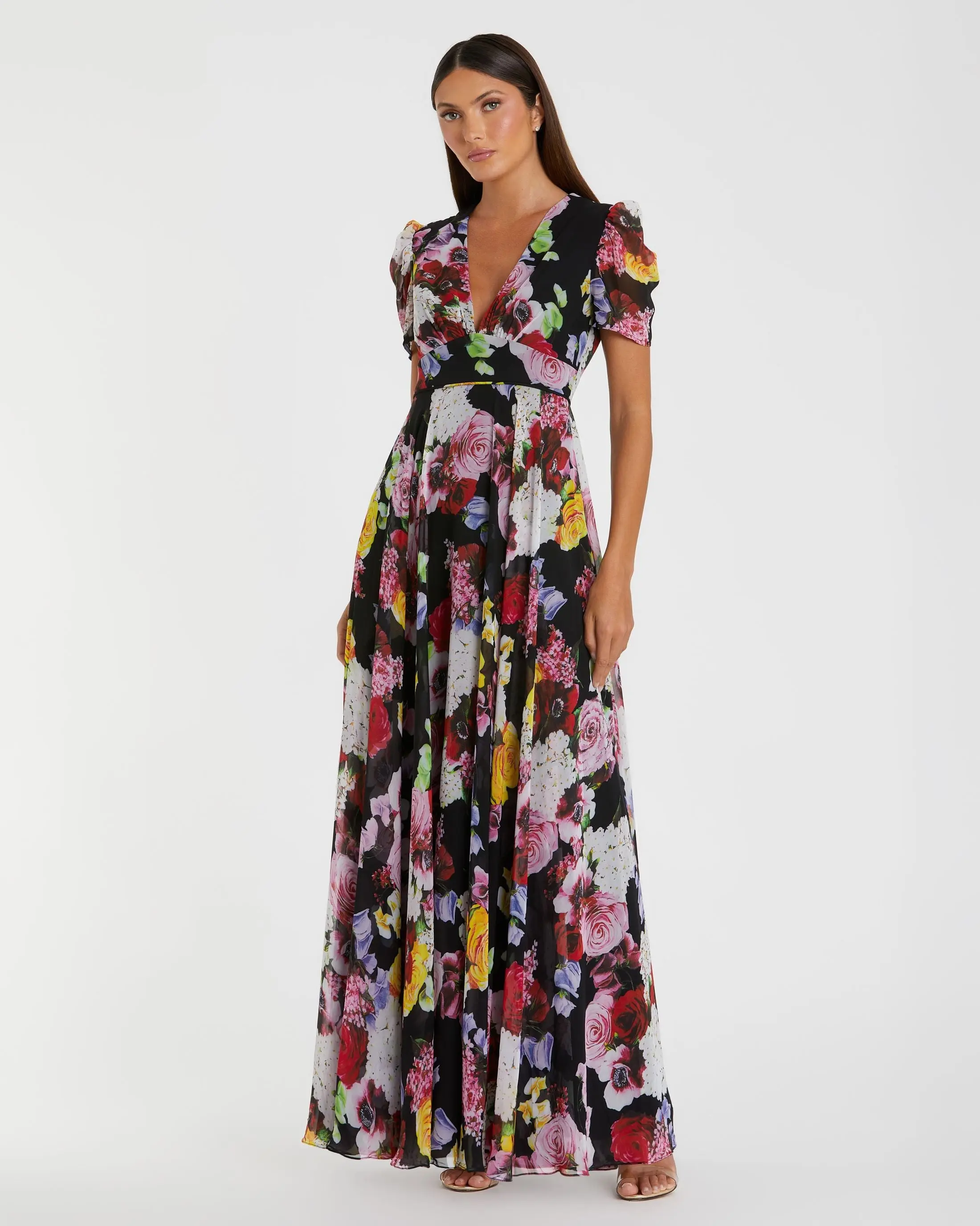 Black Floral Print Mesh Short Sleeve Gown - Special Events Unlimited