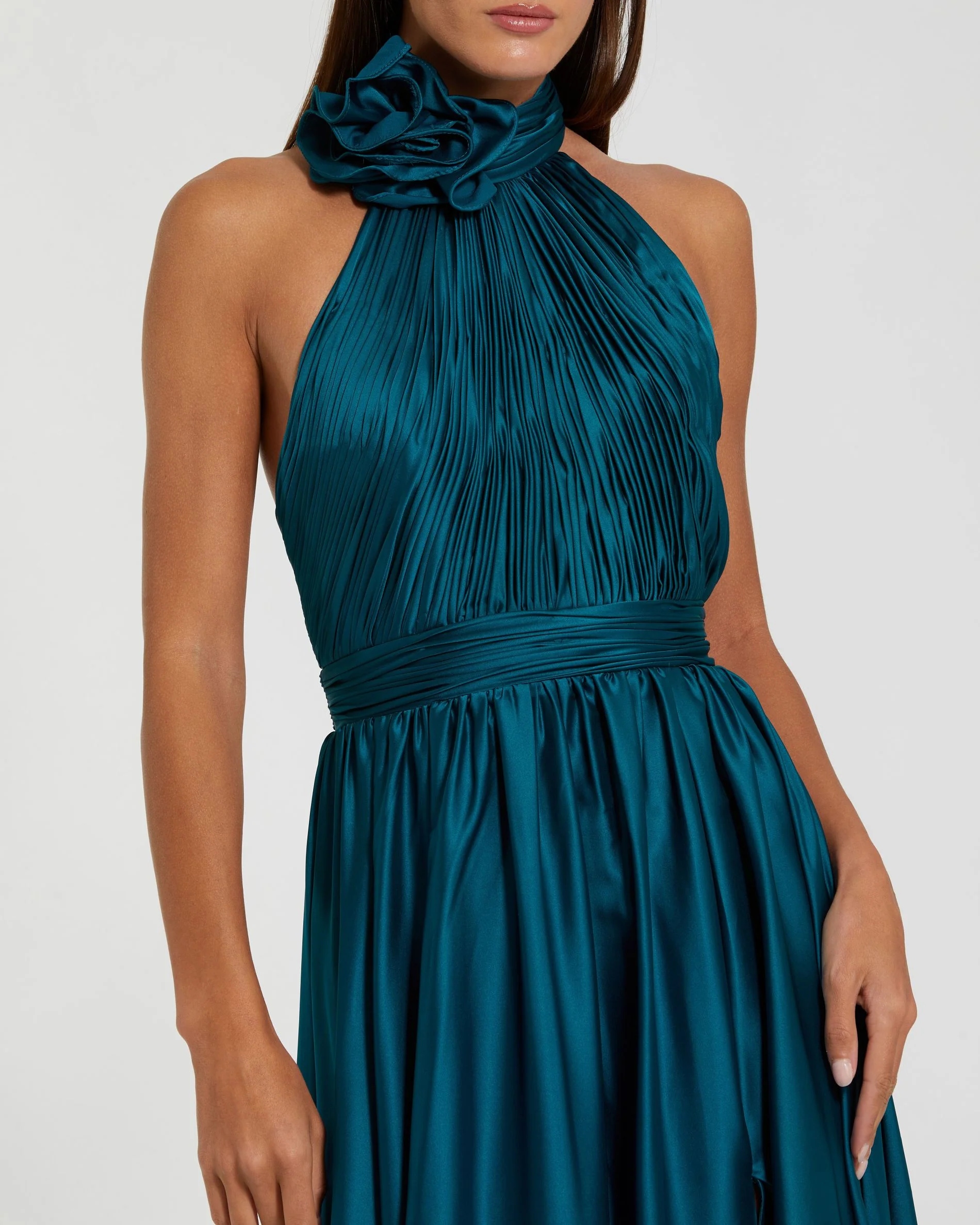 Teal Halter Neck Open Back Satin Gown With Slit - Special Events Unlimited