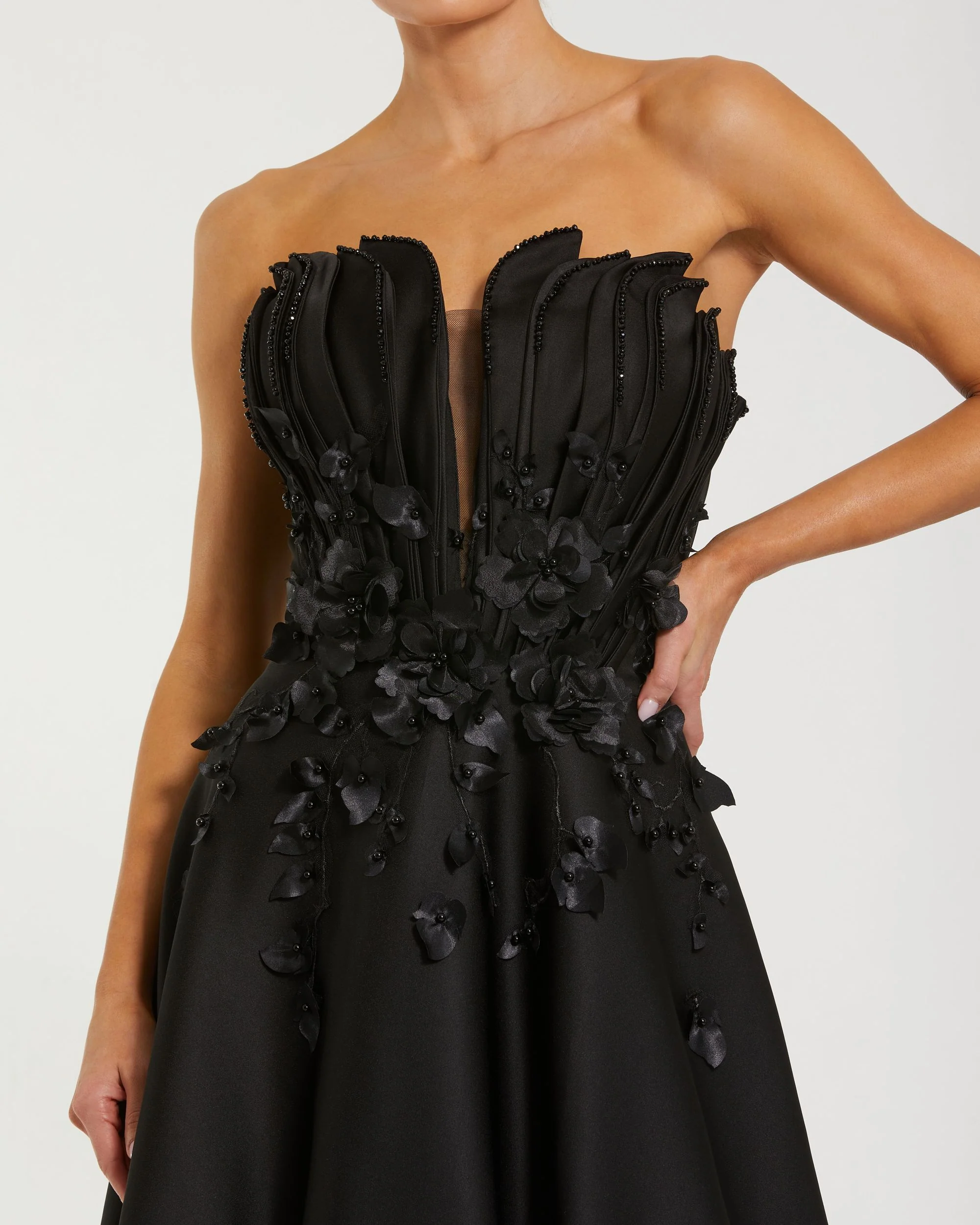 Black Strapless Satin Floral Embellished Ball Gown - Special Events Unlimited