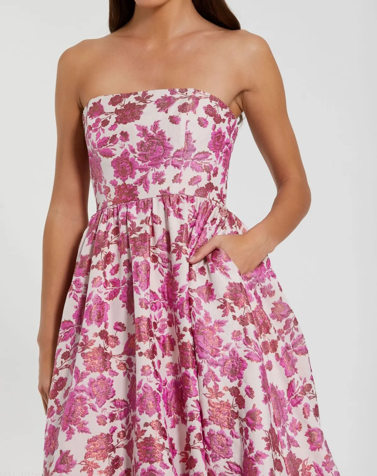 Pink Floral Brocade Strapless A Line Midi Dress - Special Events Unlimited