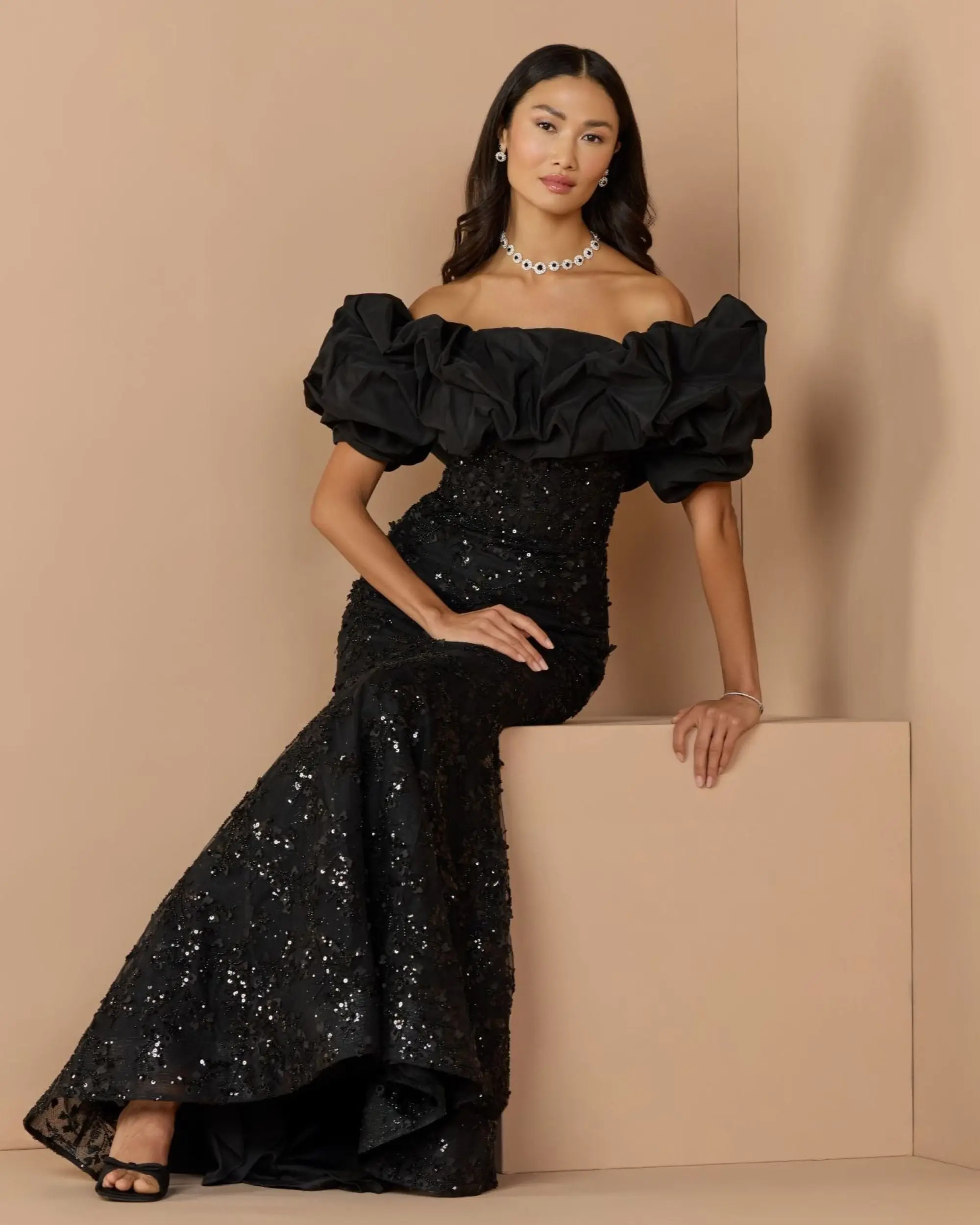 Black Embellished Mermaid Gown With Off The Shoulder Ruffle - Special Events Unlimited