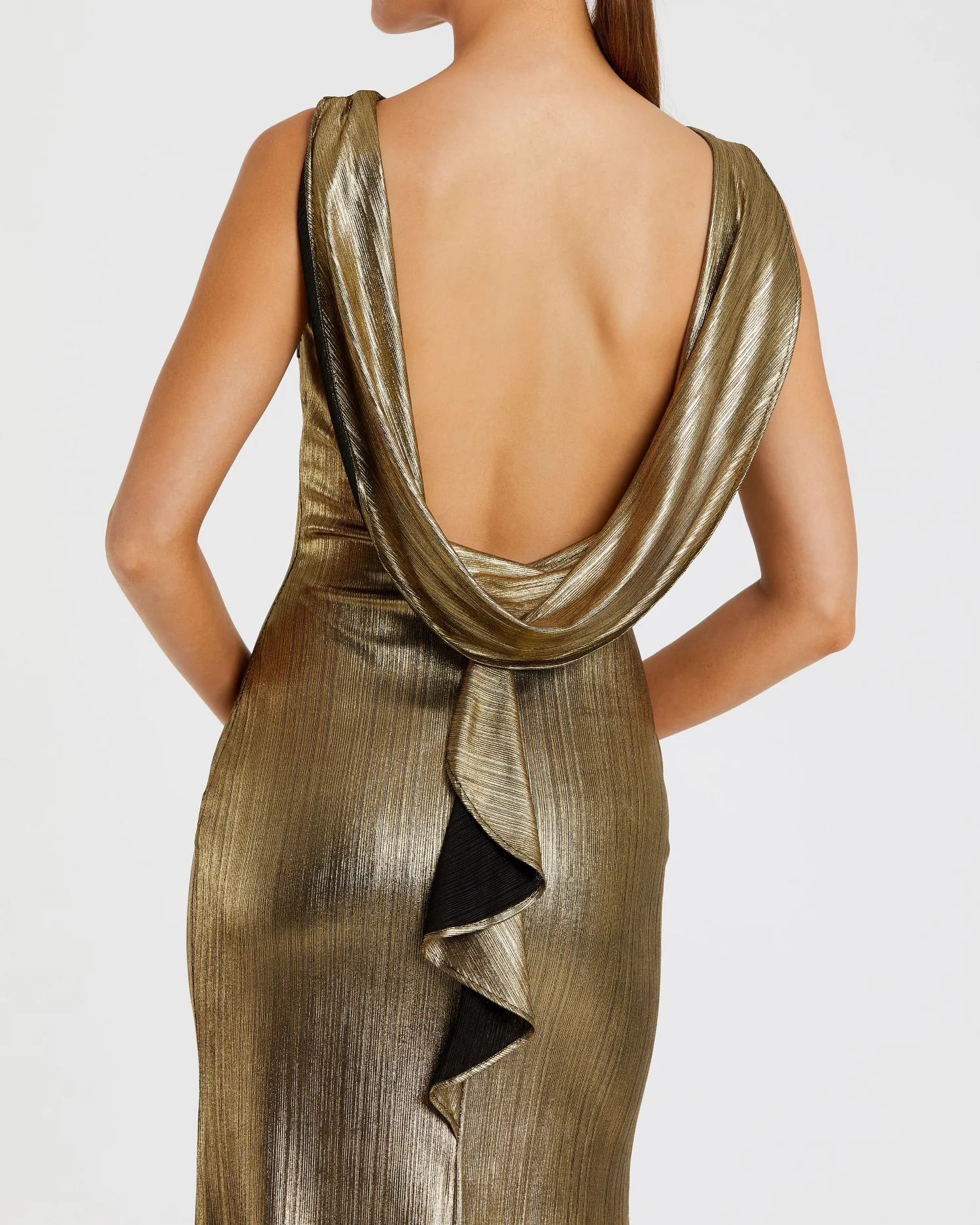 Gold Metallic Jersey Cowl Back Column Gown - Special Events Unlimited
