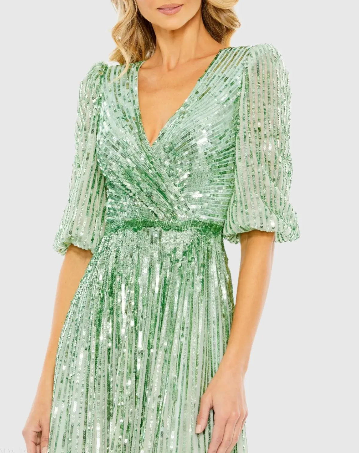 Green Sequined Wrap Over 3/4 Sleeve Gown - Special Events Unlimited