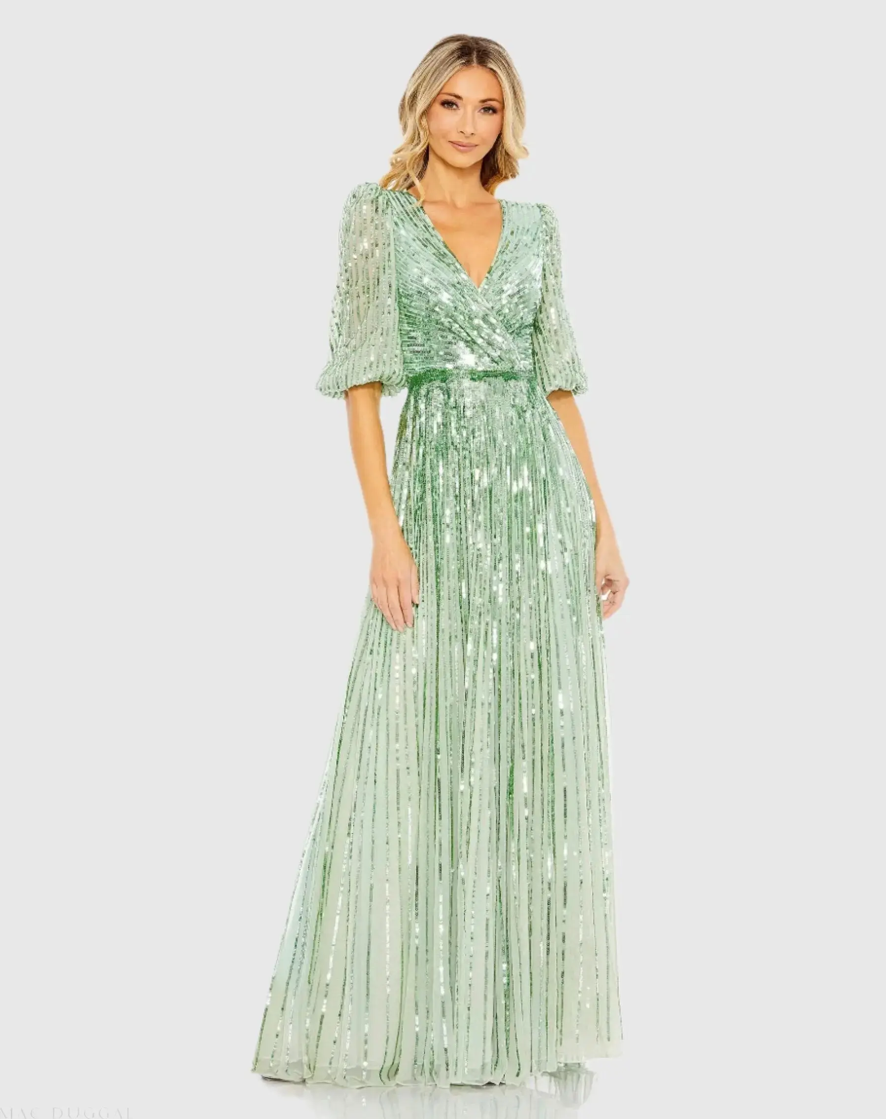 Green Sequined Wrap Over 3/4 Sleeve Gown - Special Events Unlimited