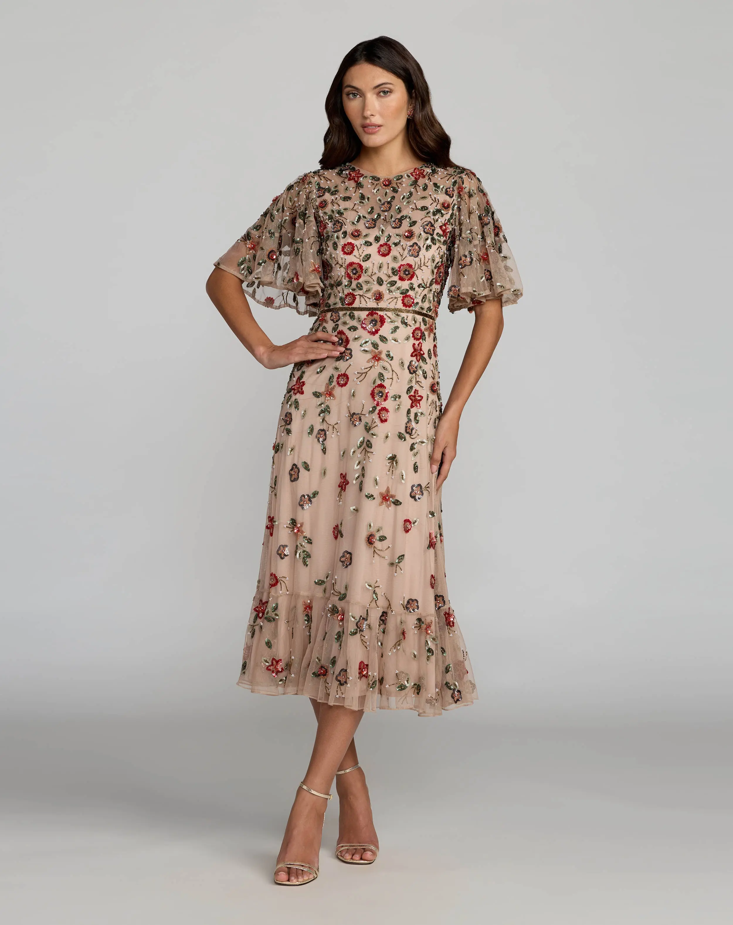 Beige Floral Embellished Flutter Sleeve Midi Dress - Special Events Unlimited