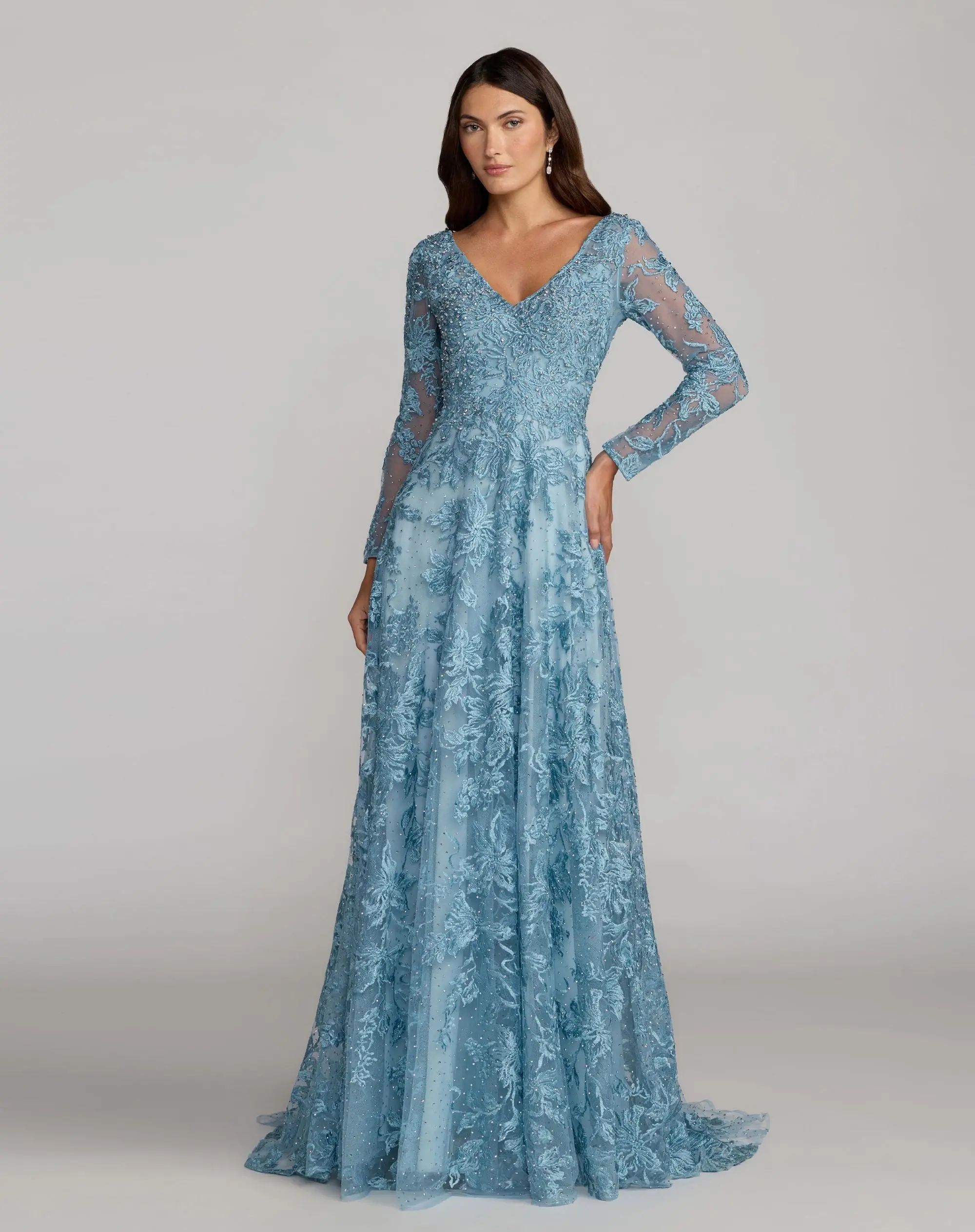 Blue Embroidered Long Sleeve A-Line Gown - Special Events Unlimited
