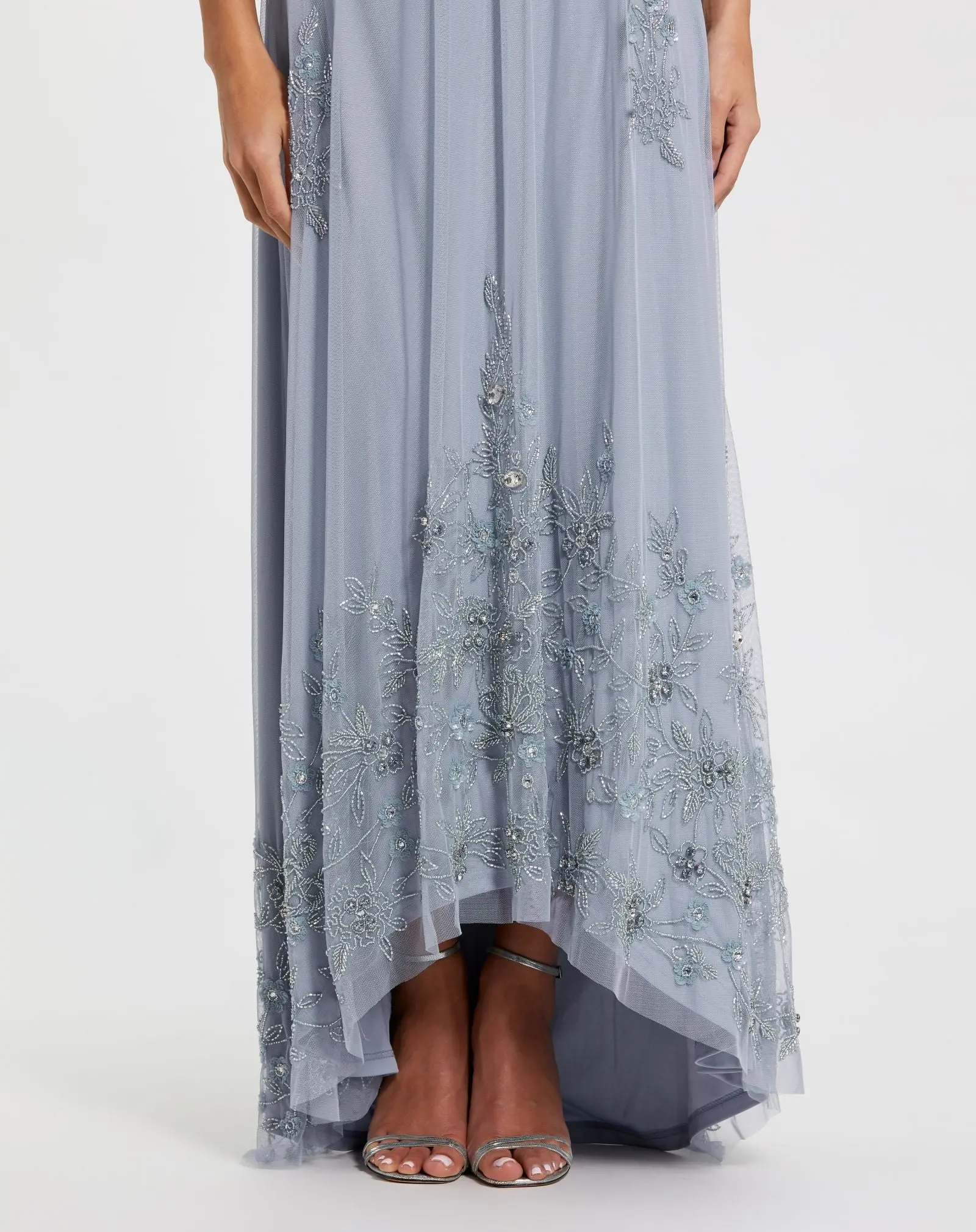 Blue High Neck Floral Embellished Trapeze Gown - Special Events Unlimited
