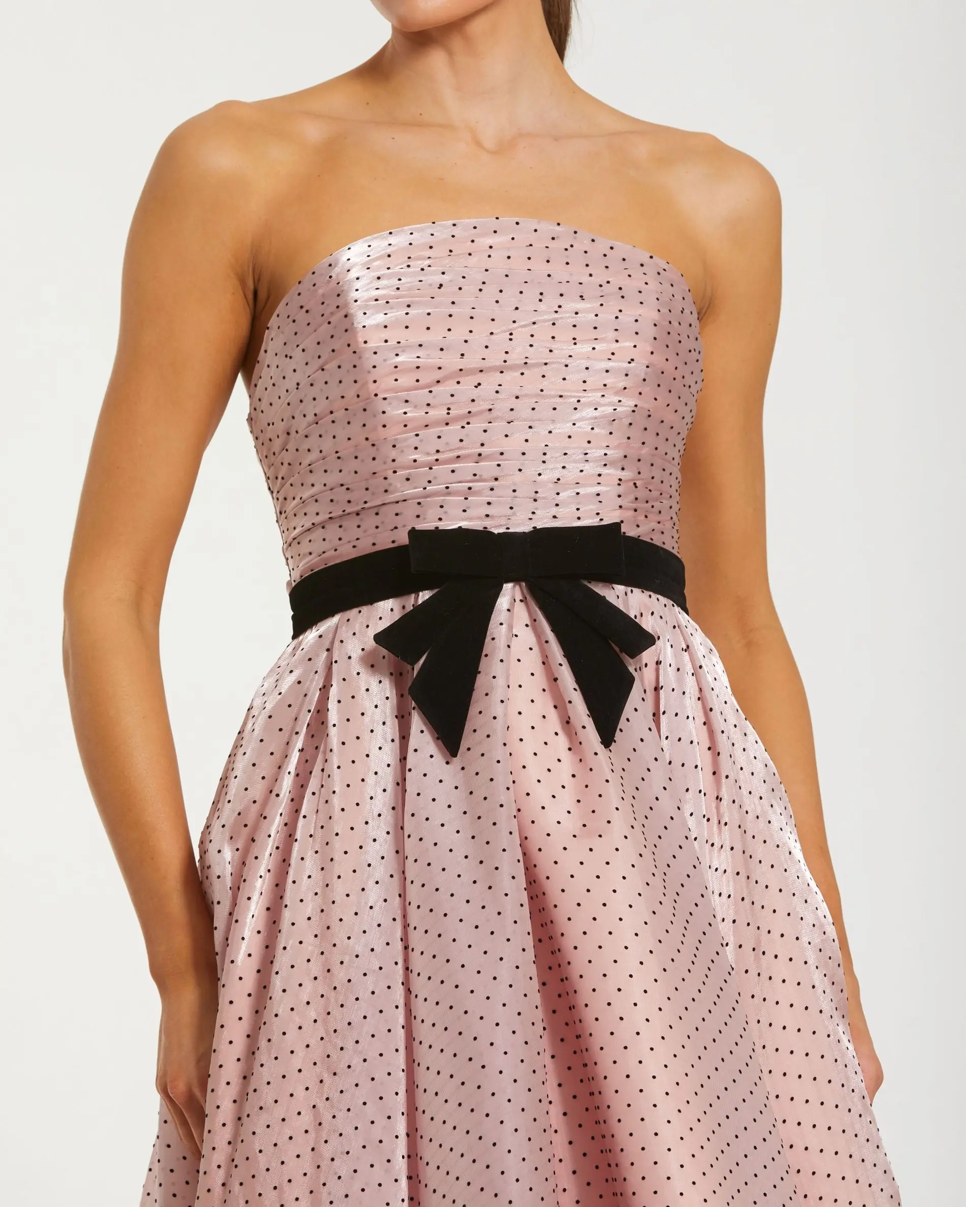 Pink Strapless Polka Dot Midi Dress With Velvet Bow - Special Events Unlimited