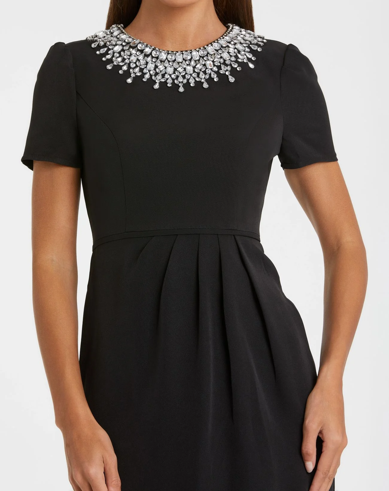 Petite Black Short Sleeve Rhinestone Neckline Midi Dress - Special Events Unlimited