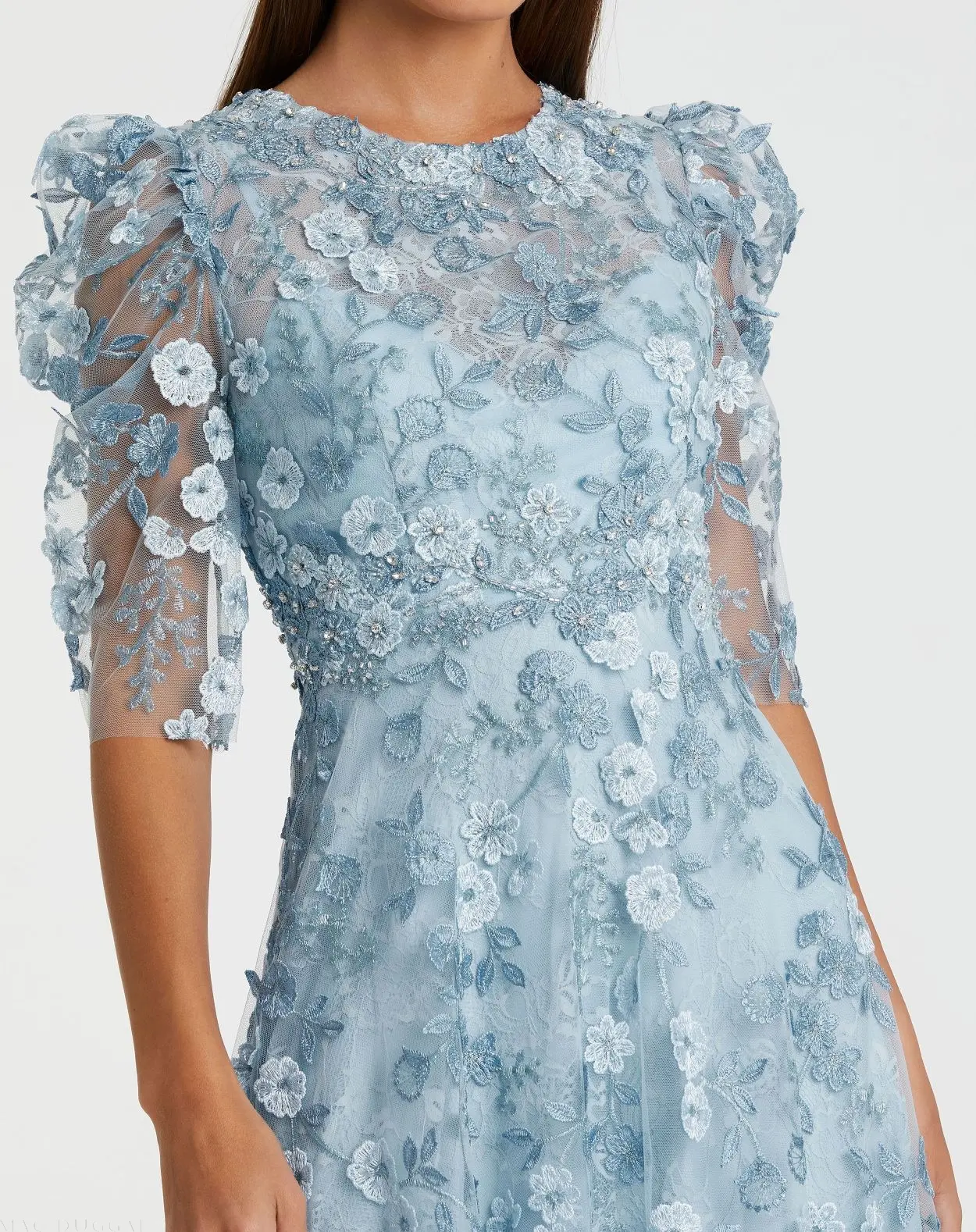 Blue Applique High Neck Puff Sleeve A Line Dress - Special Events Unlimited