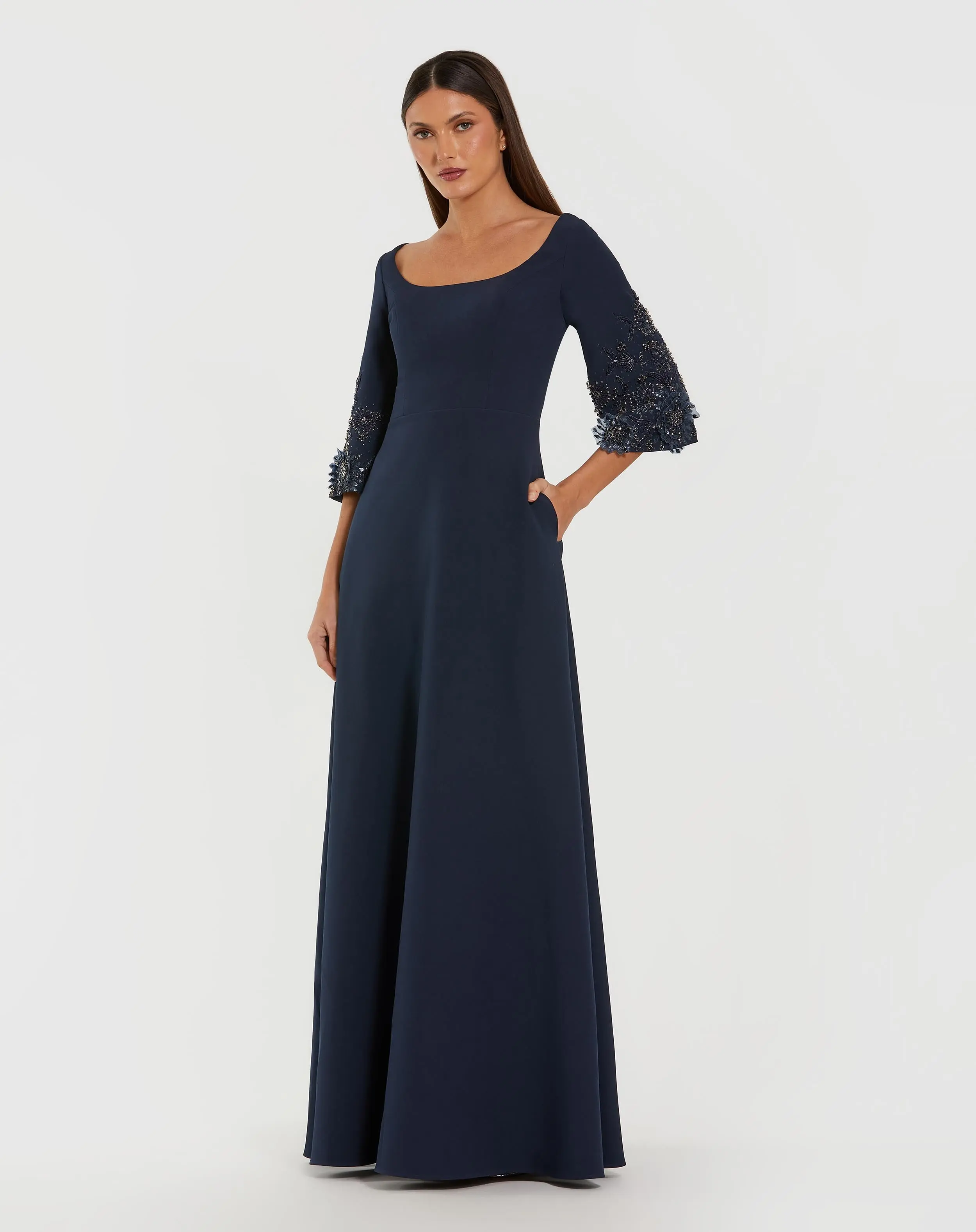 Navy Crepe Gown With Floral Embellished Sleeves - Special Events Unlimited