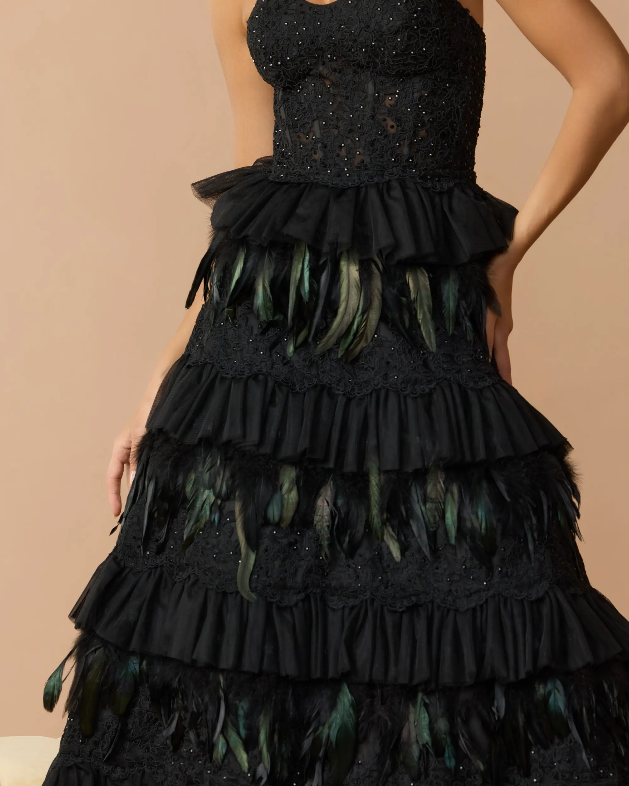 Black Strapless Sweetheart Lace Tiered Feather Ball Gown - Special Events Unlimited