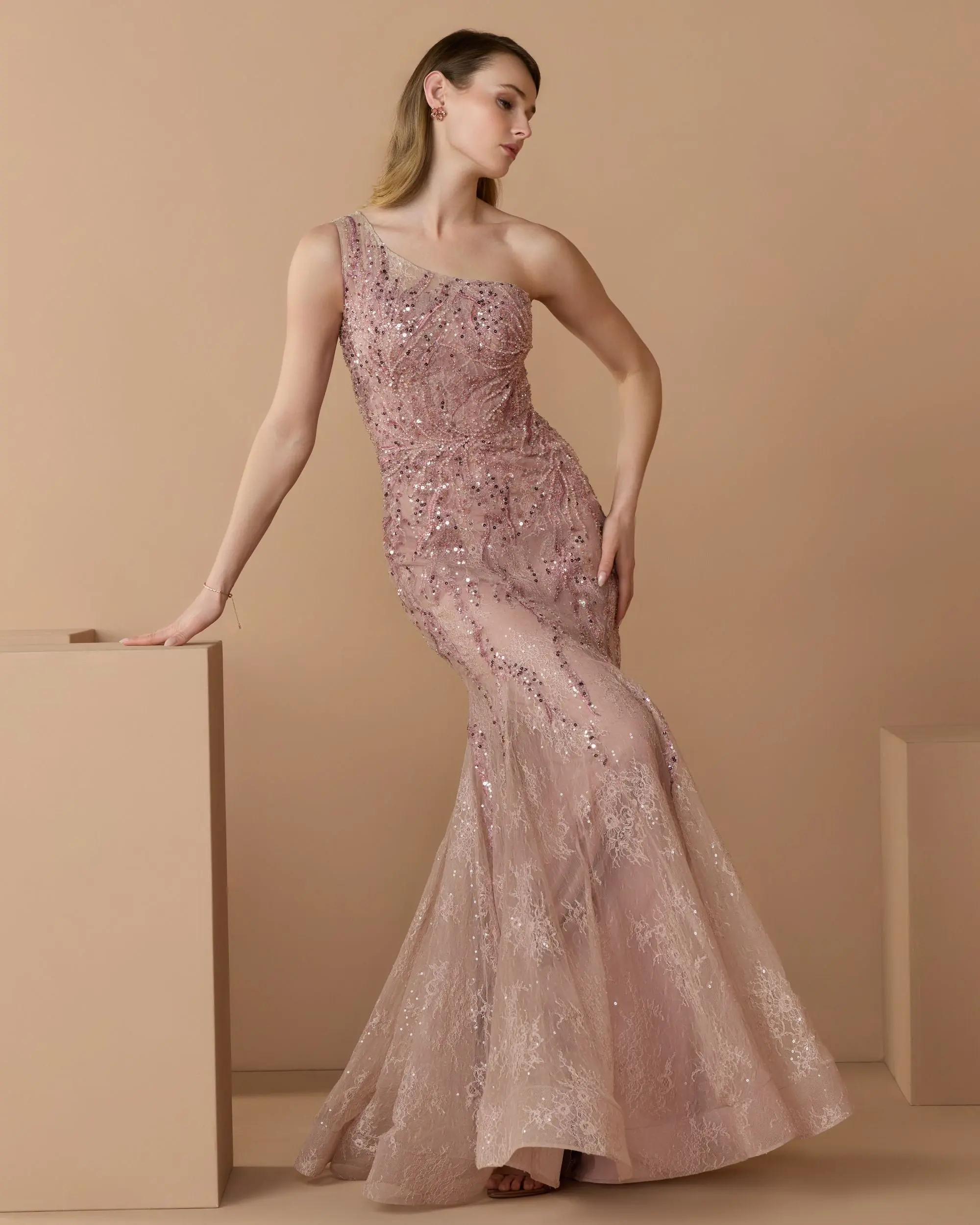 Pink Embellished Lace One Shoulder Mermaid Gown - Special Events Unlimited