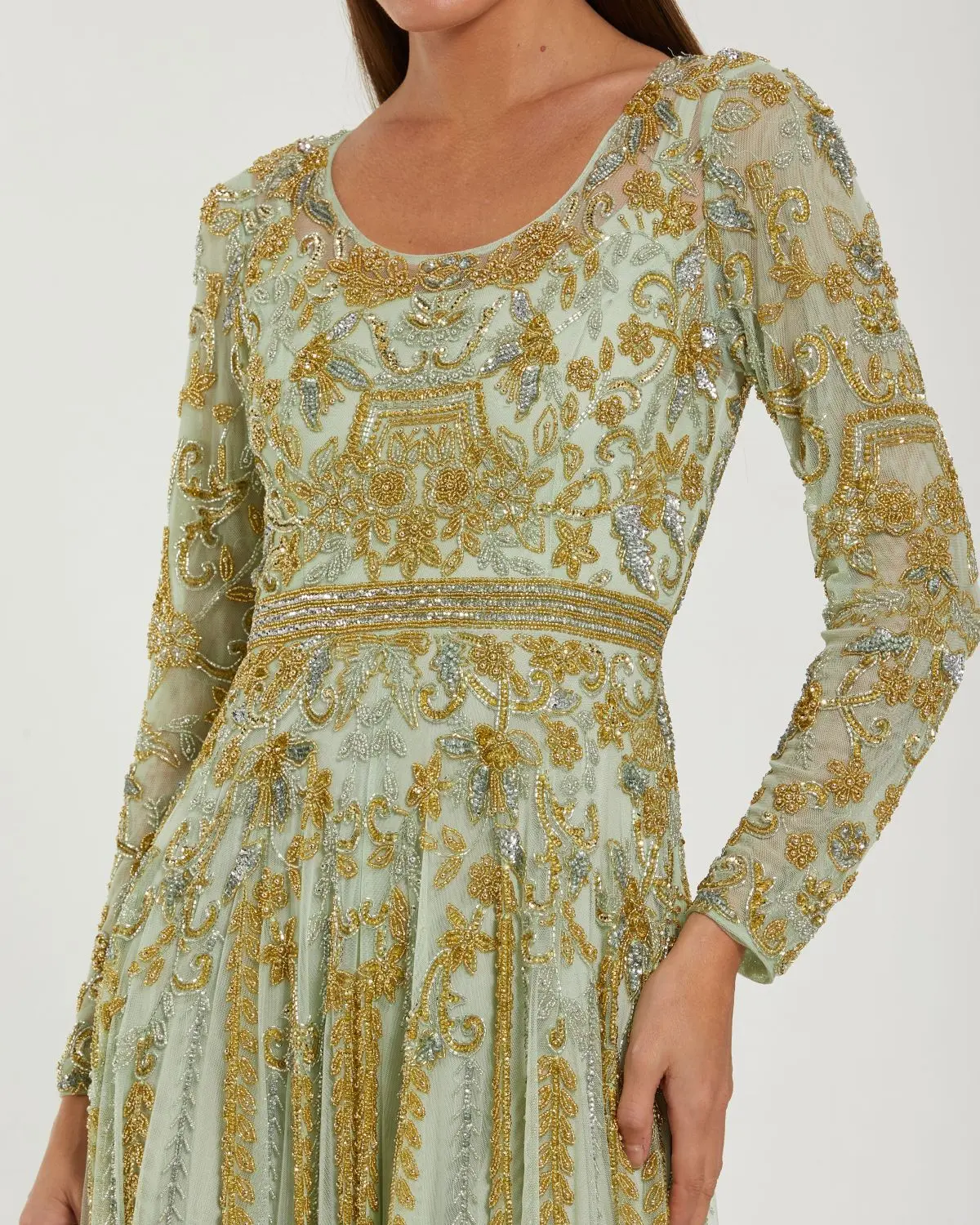 Green Beaded Long Sleeve Scoop Neck A Line Gown - Special Events Unlimited
