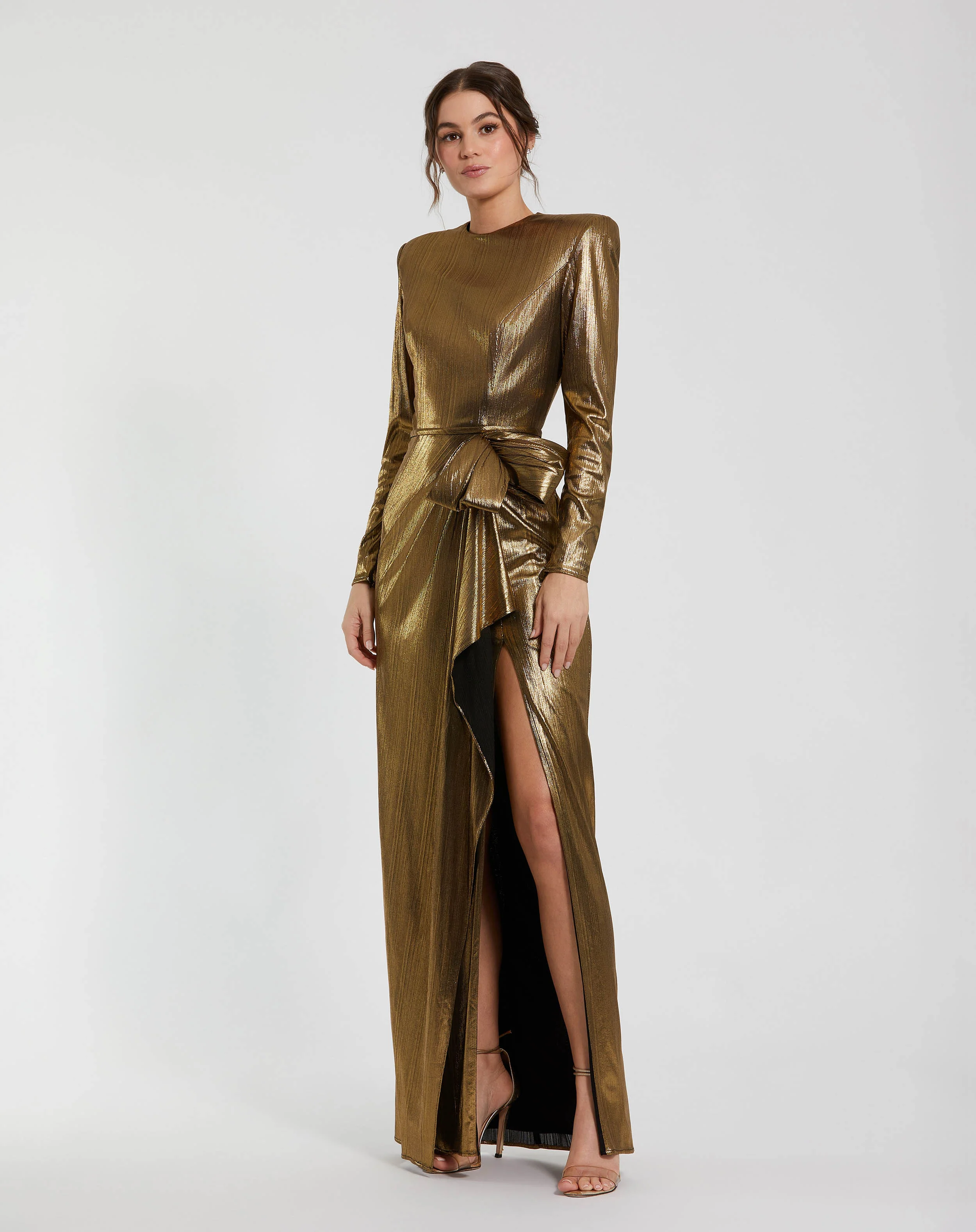 Petite Gold Metallic Long Sleeve Gown With Bow - Special Events Unlimited