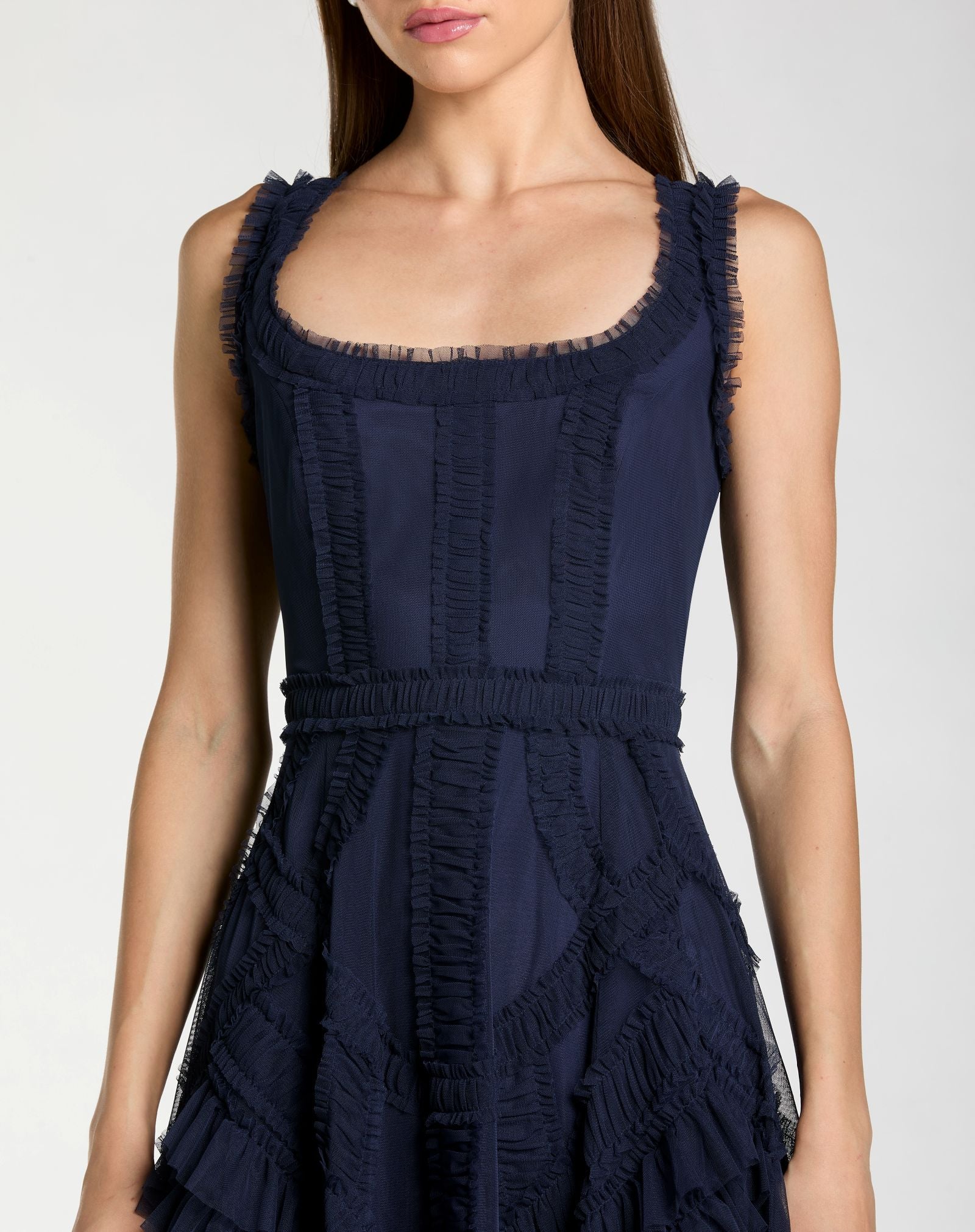 Navy Scoop Neck Sleeveless Micro Ruffle Midi Dress - Special Events Unlimited