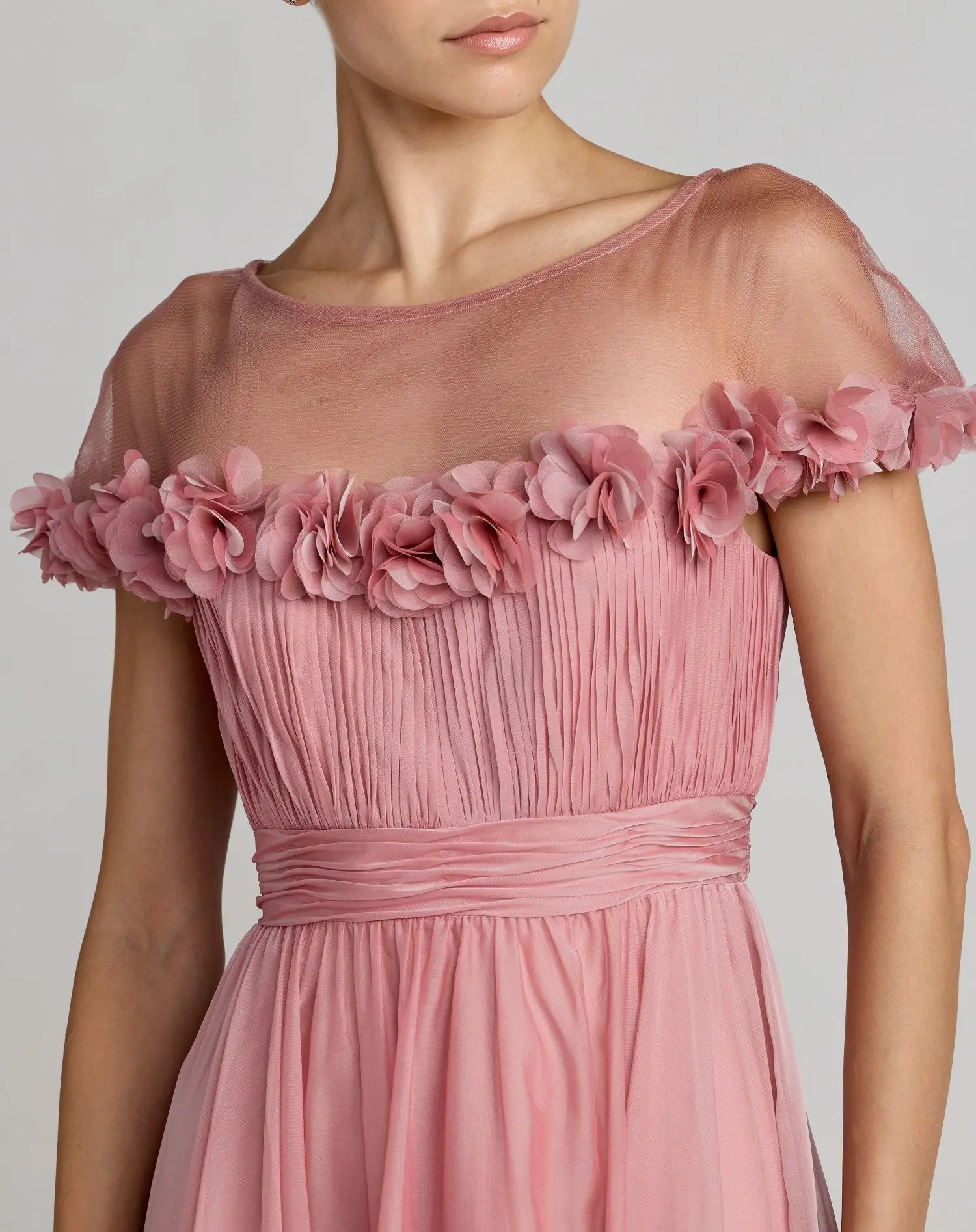 Pink Chiffon Illusion Neck Midi Dress With 3D Flowers - Special Events Unlimited
