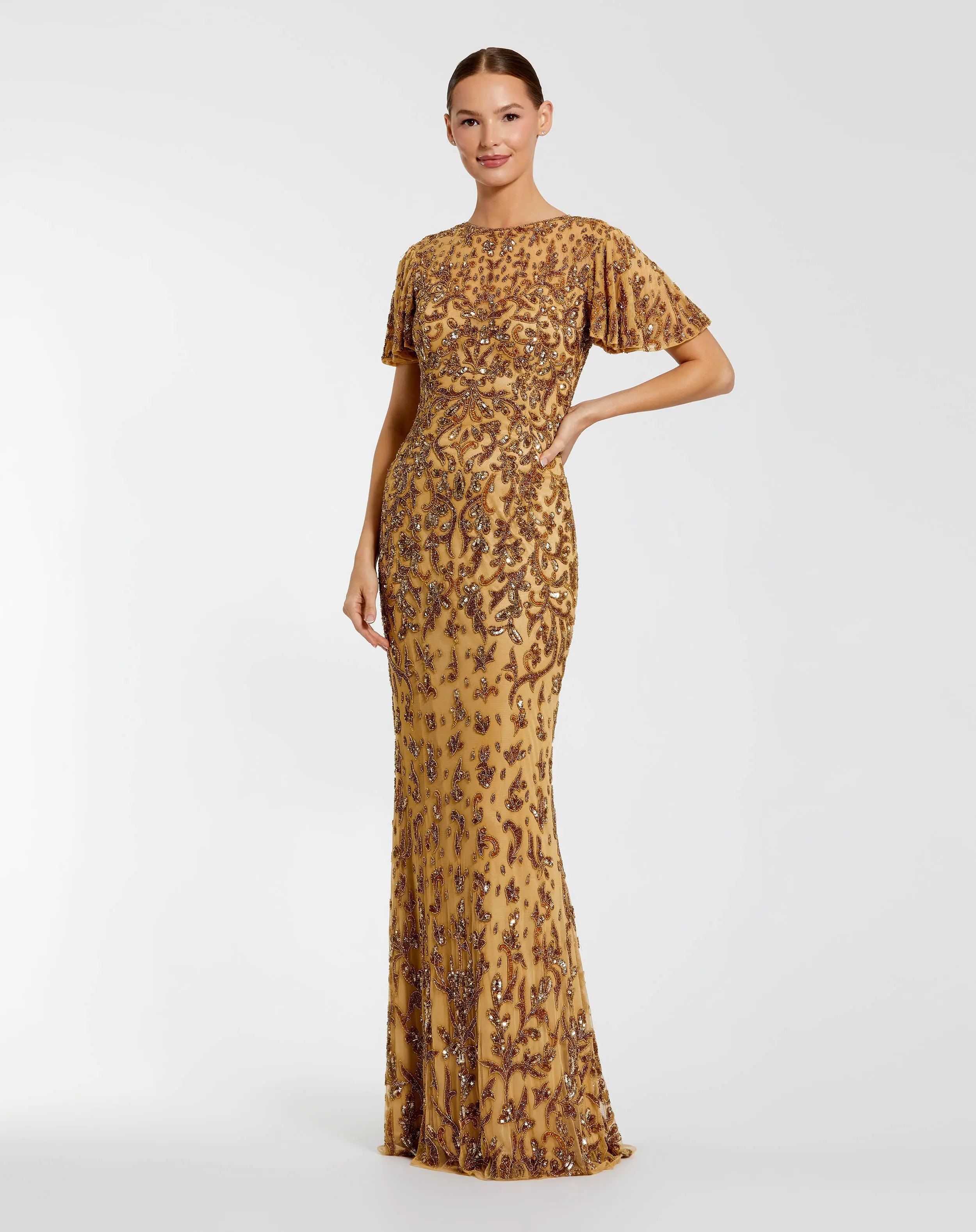 Gold Embellished High Neck Flutter Sleeve Gown - Special Events Unlimited