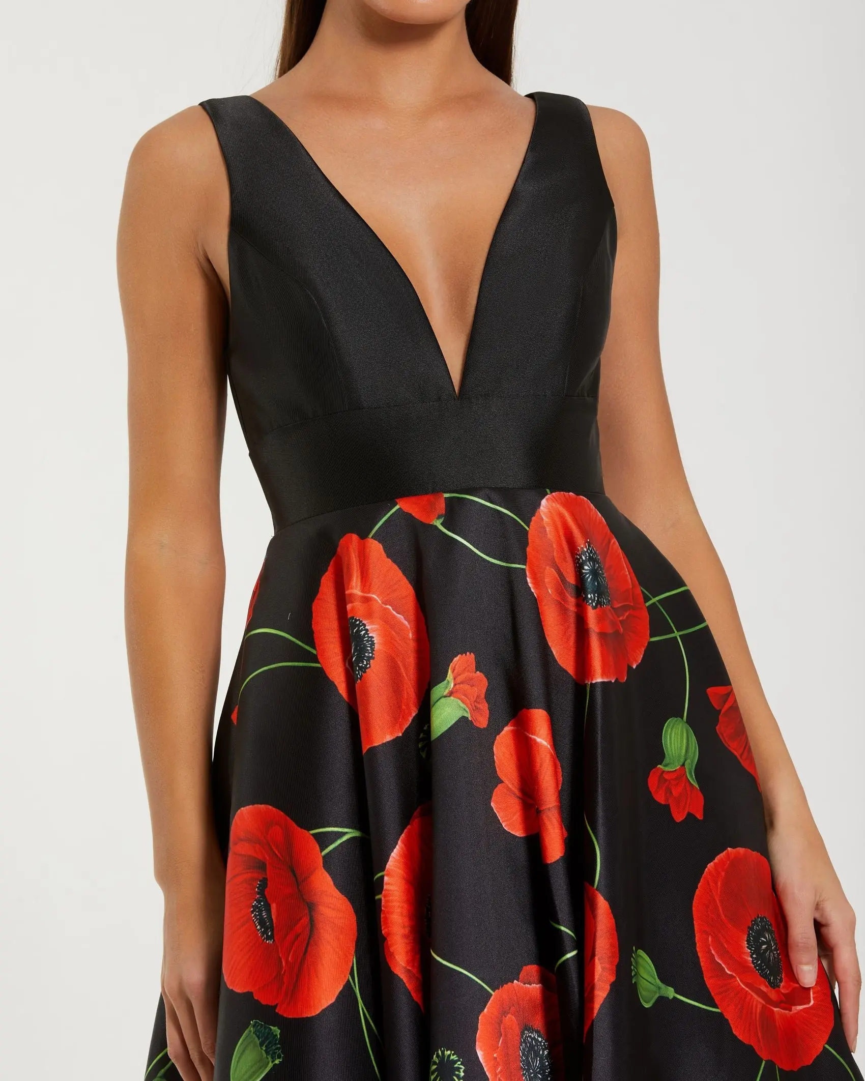 Black Plunge Neck Ball Gown With Floral Mikado Skirt - Special Events Unlimited