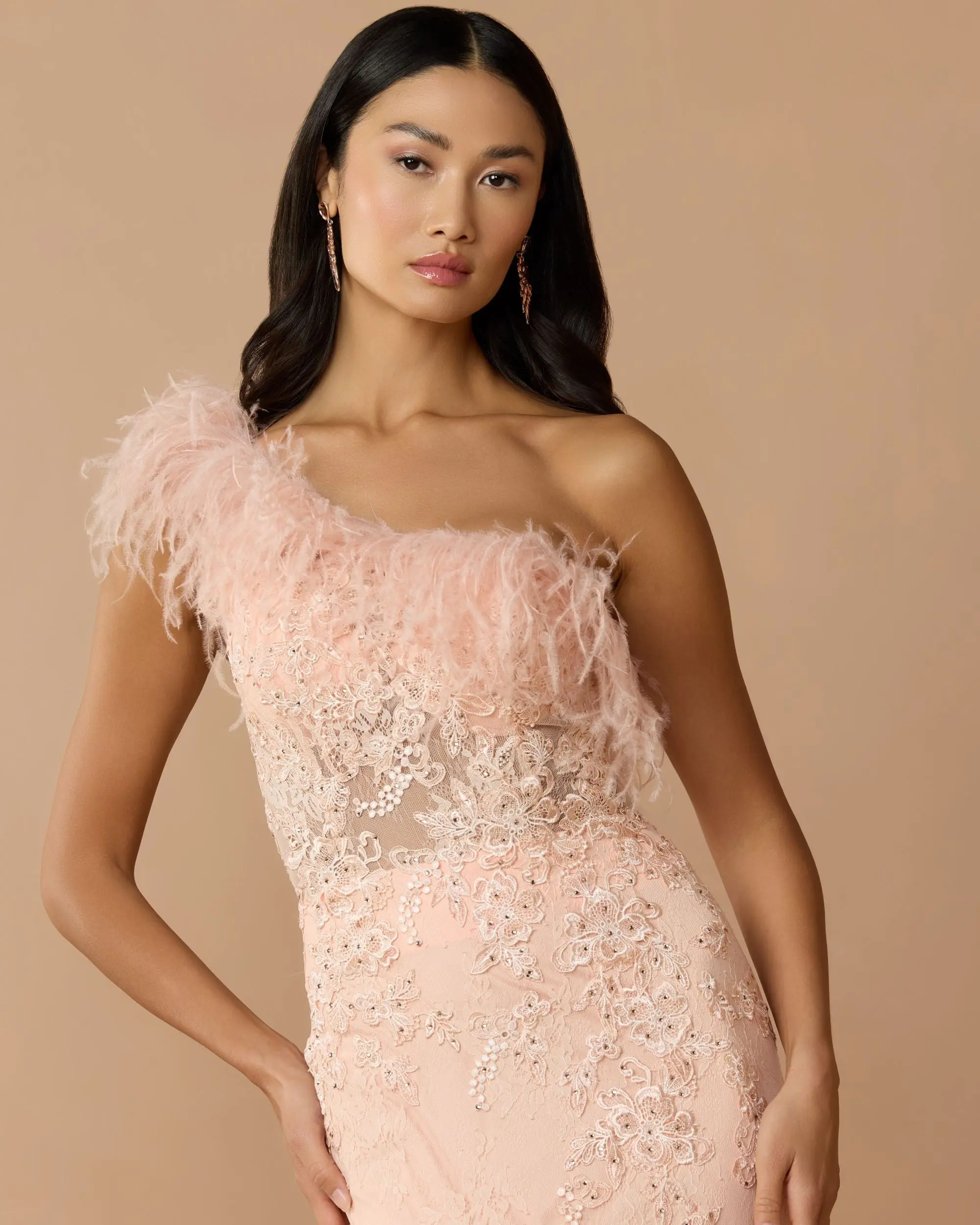 Pink One Shoulder Feather Embellished Mermaid Gown - Special Events Unlimited