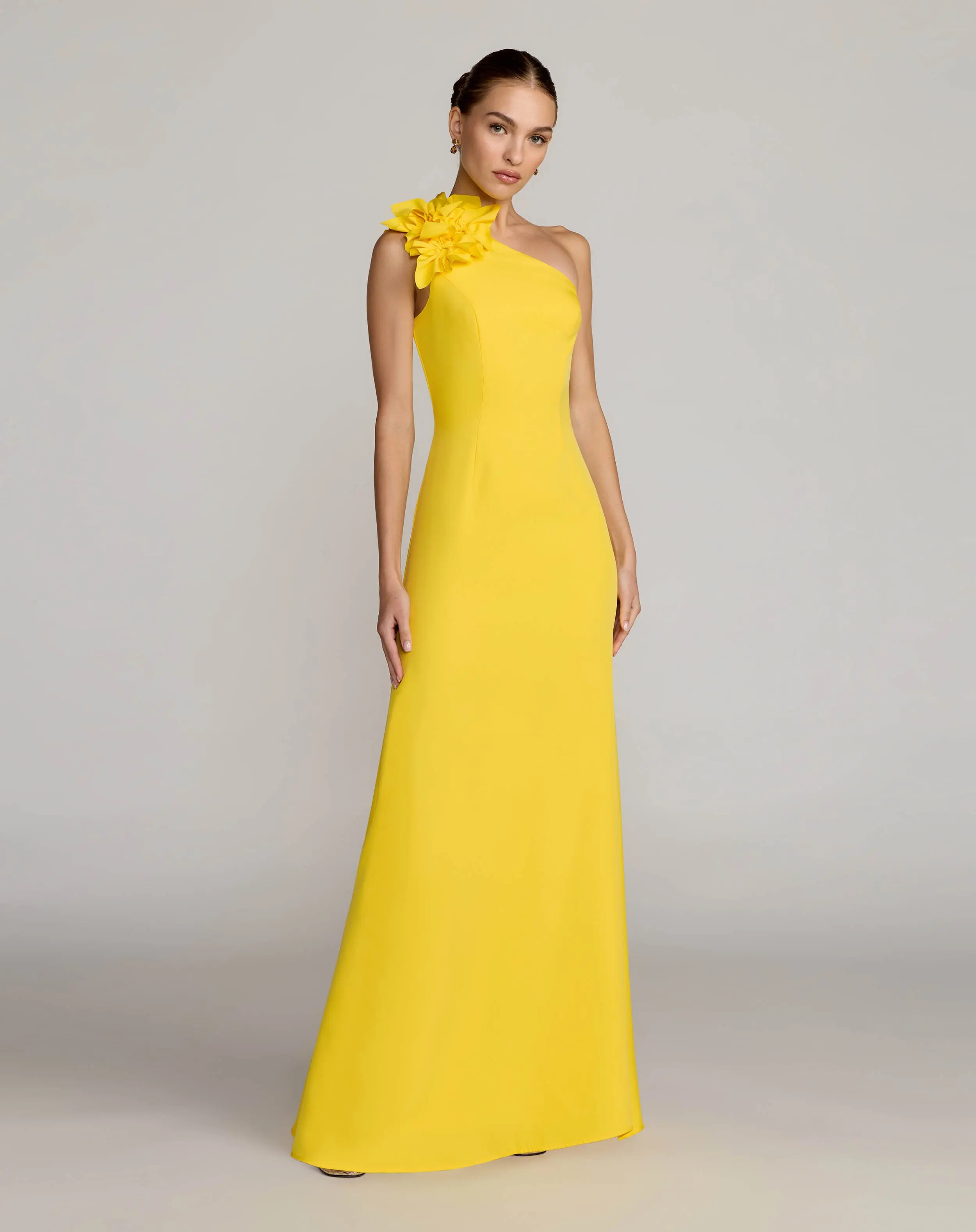 Yellow One Shoulder Crepe Gown with 3D Flower - Special Events Unlimited