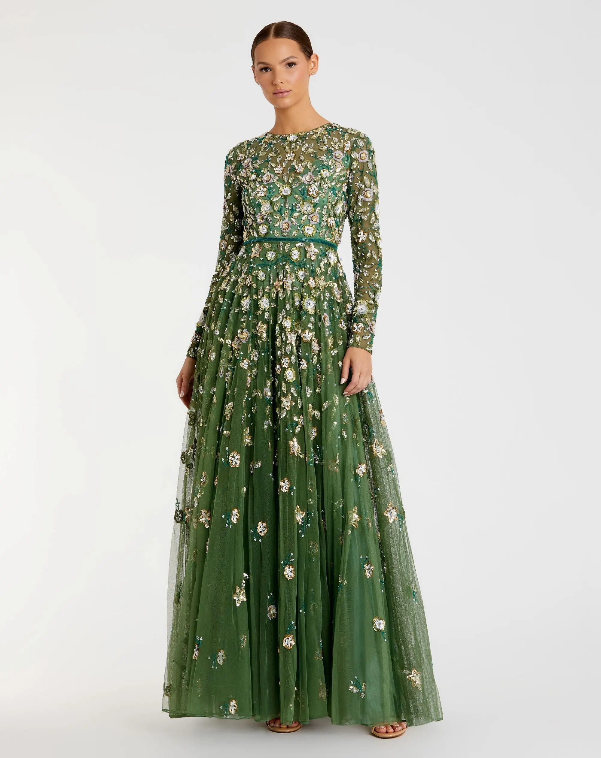 Petite Green Embellished High Neck Long Sleeve A Line Gown - Special Events Unlimited