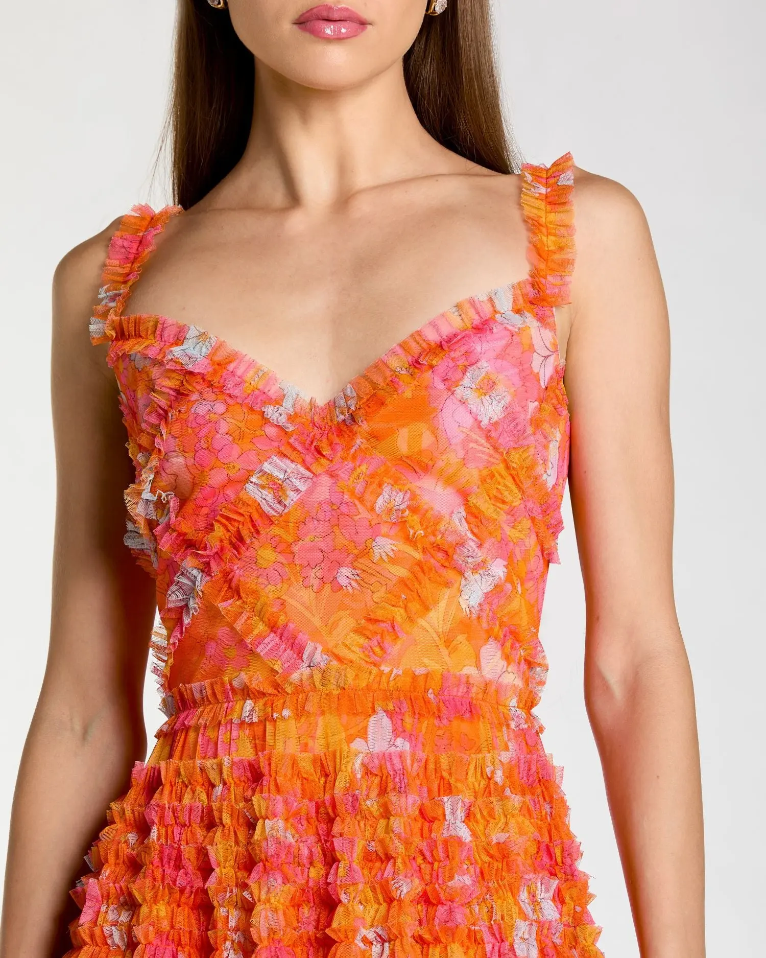 Orange Sleeveless Floral Ruffle A-Line Maxi Dress - Special Events Unlimited