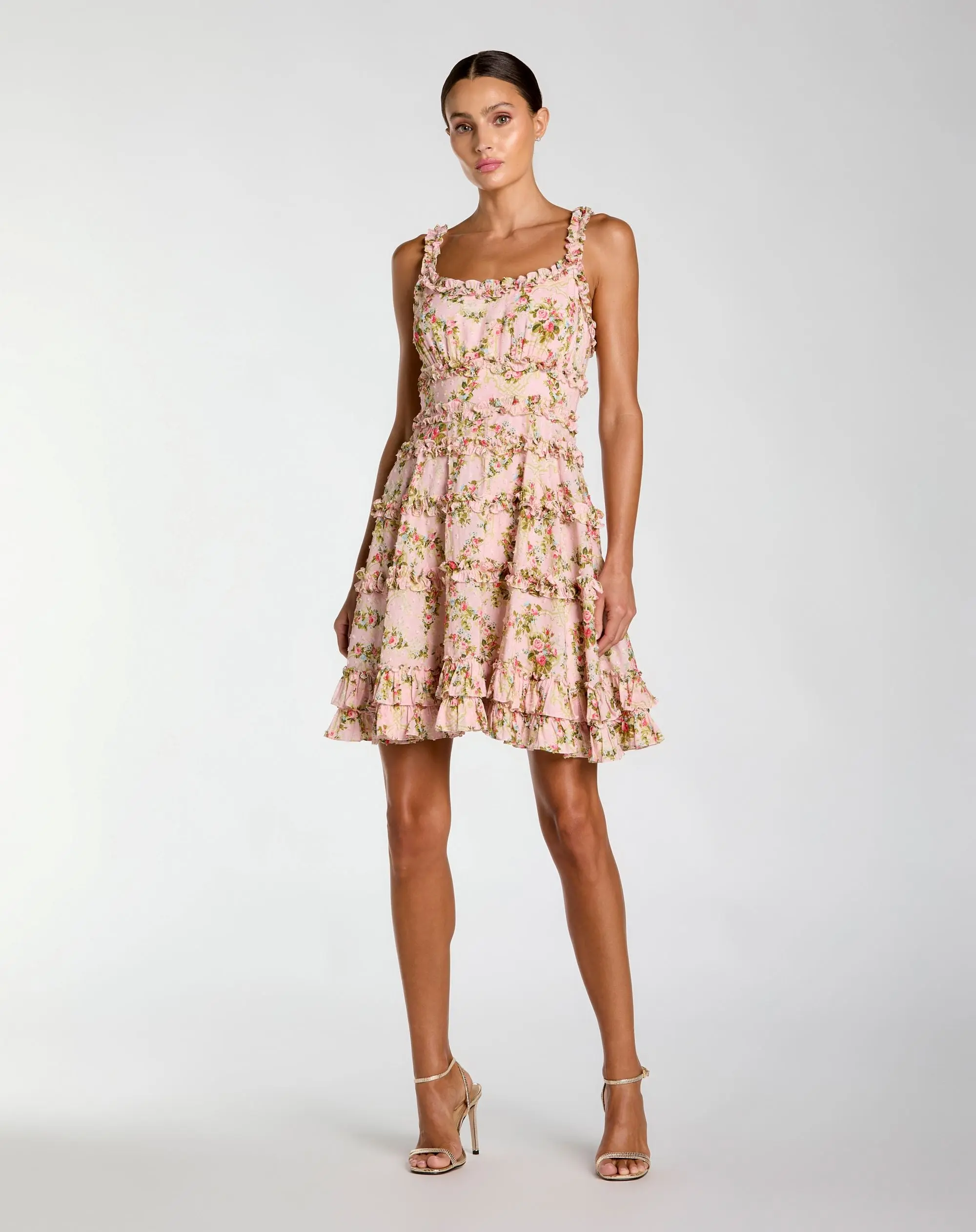 Pink Floral Square Neck Ruffled Cotton Mini Dress - Special Events Unlimited
