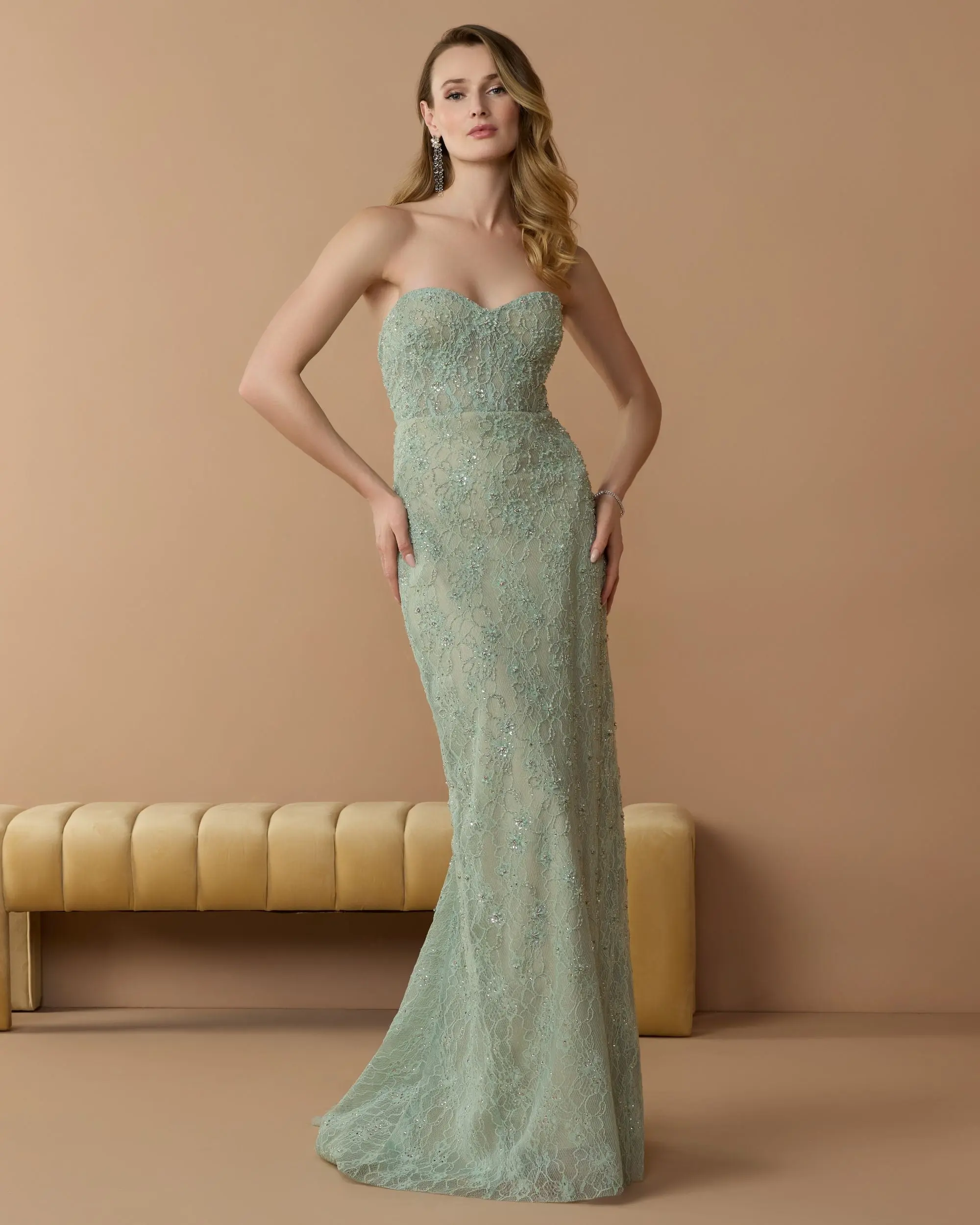 Green Embellished Strapless Bustier Gown With Sweeping Train - Special Events Unlimited