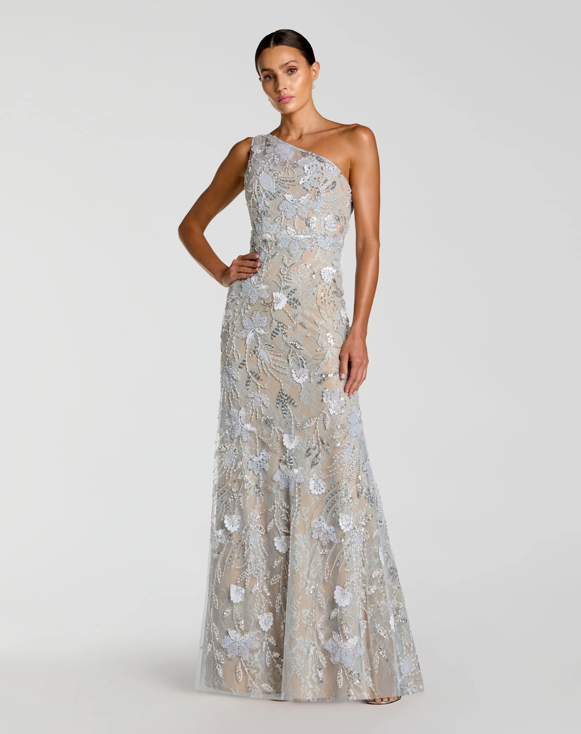 Blue Sleeveless One Shoulder Embellished Lace Gown - Special Events Unlimited