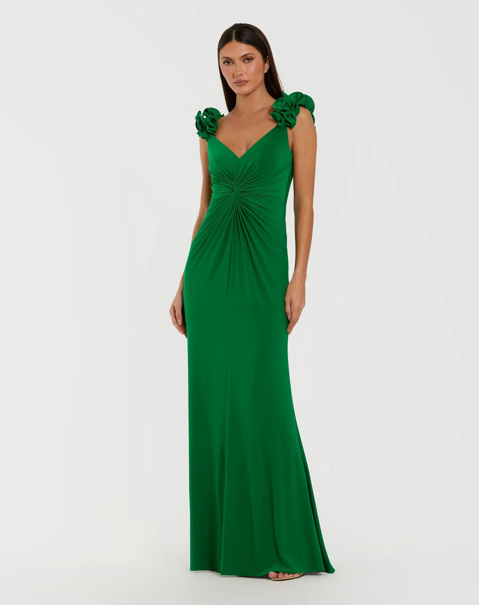 Green Sleeveless V-Neck Gown With Ruffled Straps - Special Events Unlimited