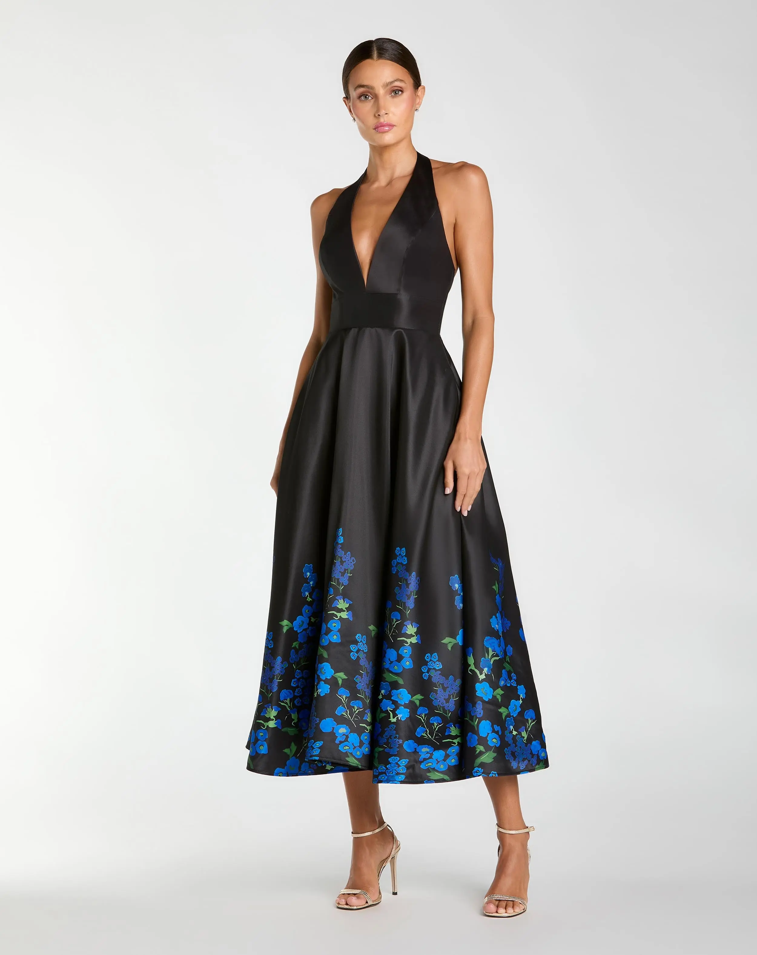 Black Halter Neck Floral Printed Satin Midi Dress - Special Events Unlimited