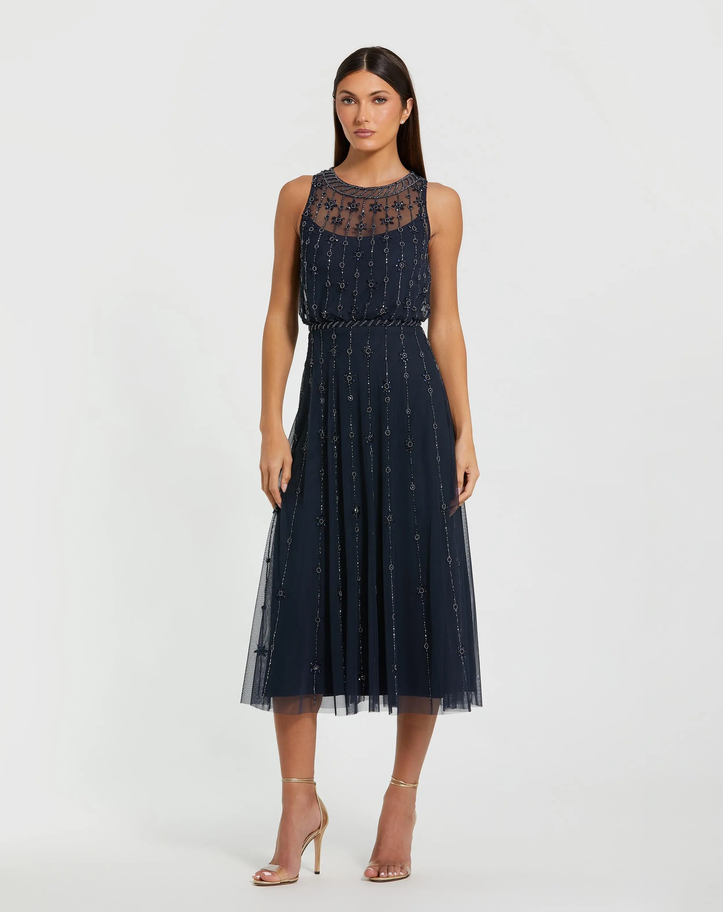 Navy High Neck Sleeveless Embellished A Line Cocktail Dress - Special Events Unlimited