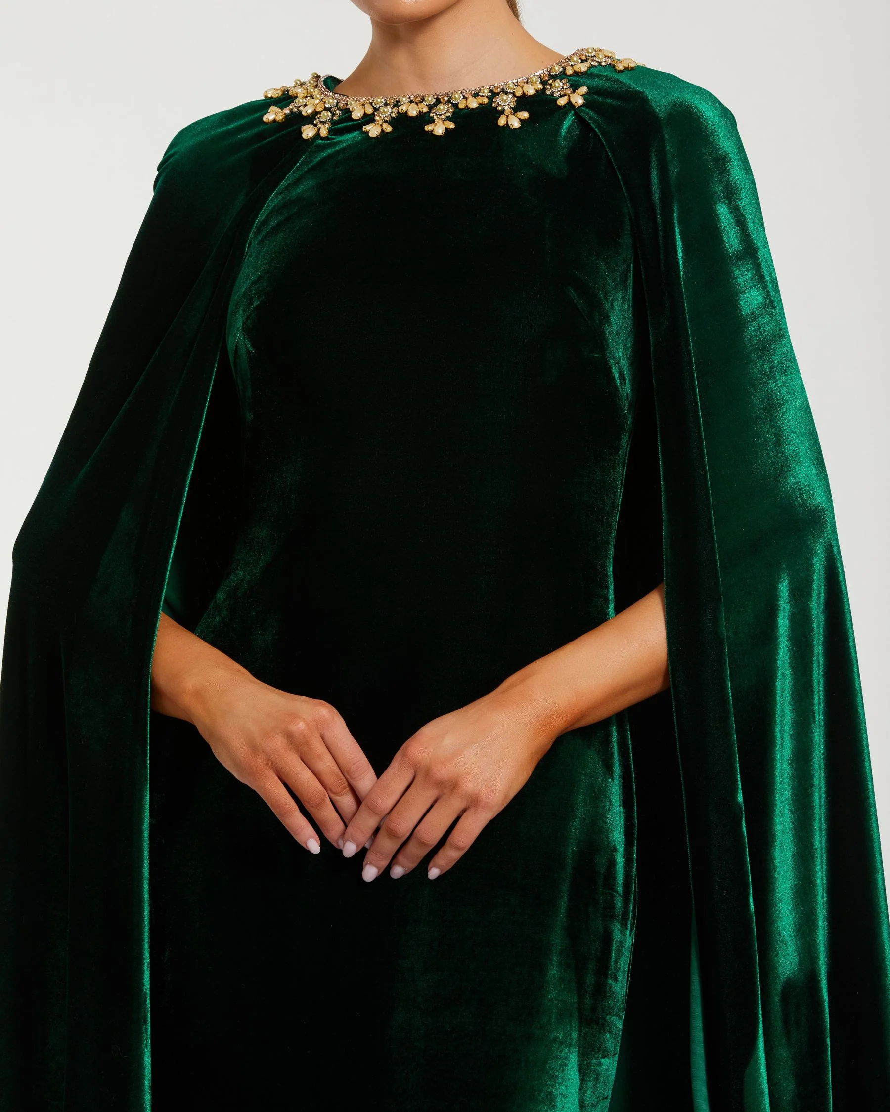 Dark Green Velvet Cape Gown With Embellished Neckline - Special Events Unlimited