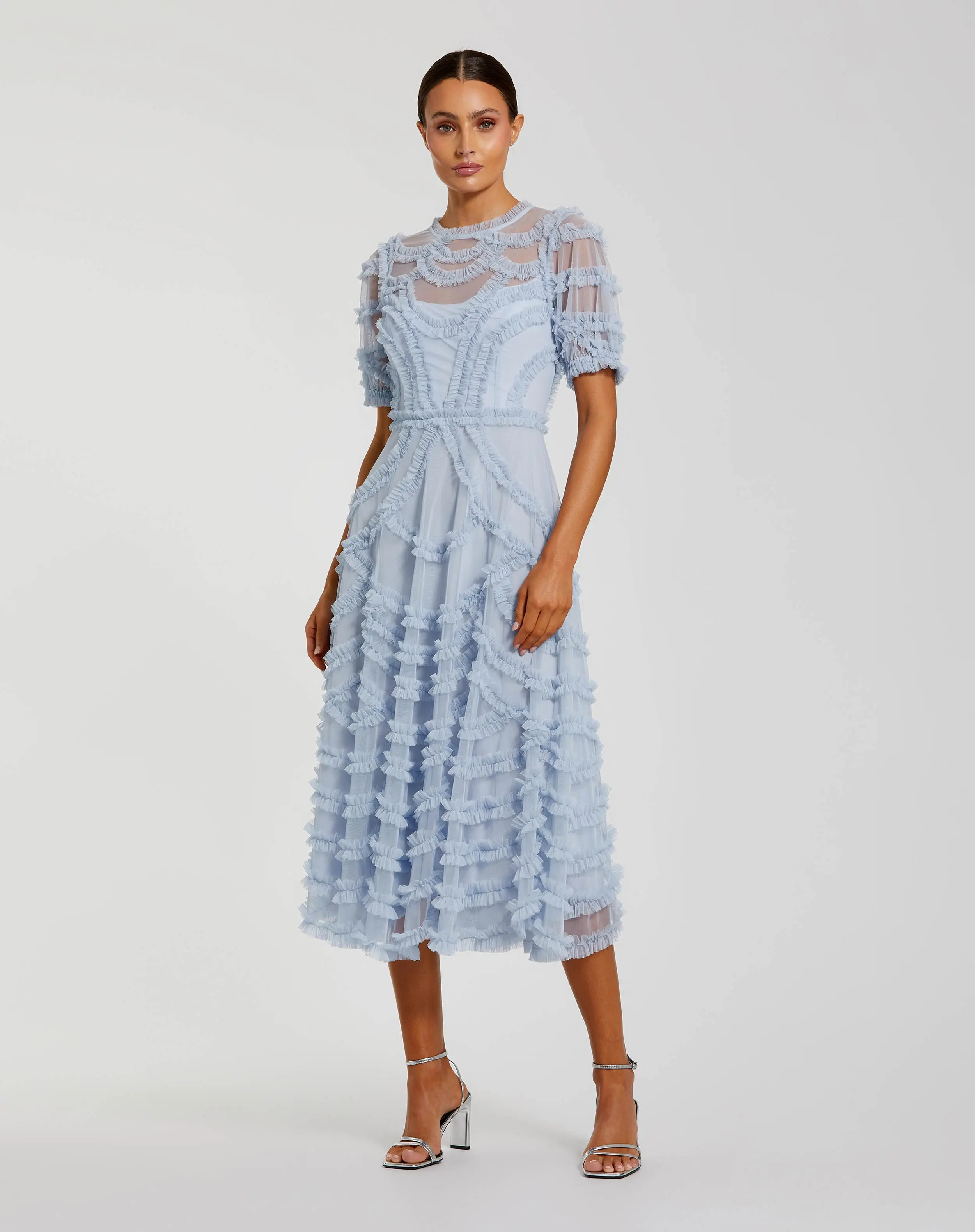 Blue High Neck Short Sleeve Ruffled Midi Dress - Special Events Unlimited