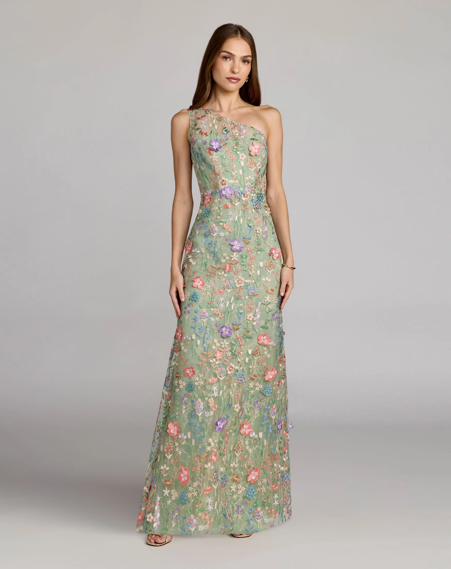 Petite Green One Shoulder Floral Embroidered Gown - Special Events Unlimited