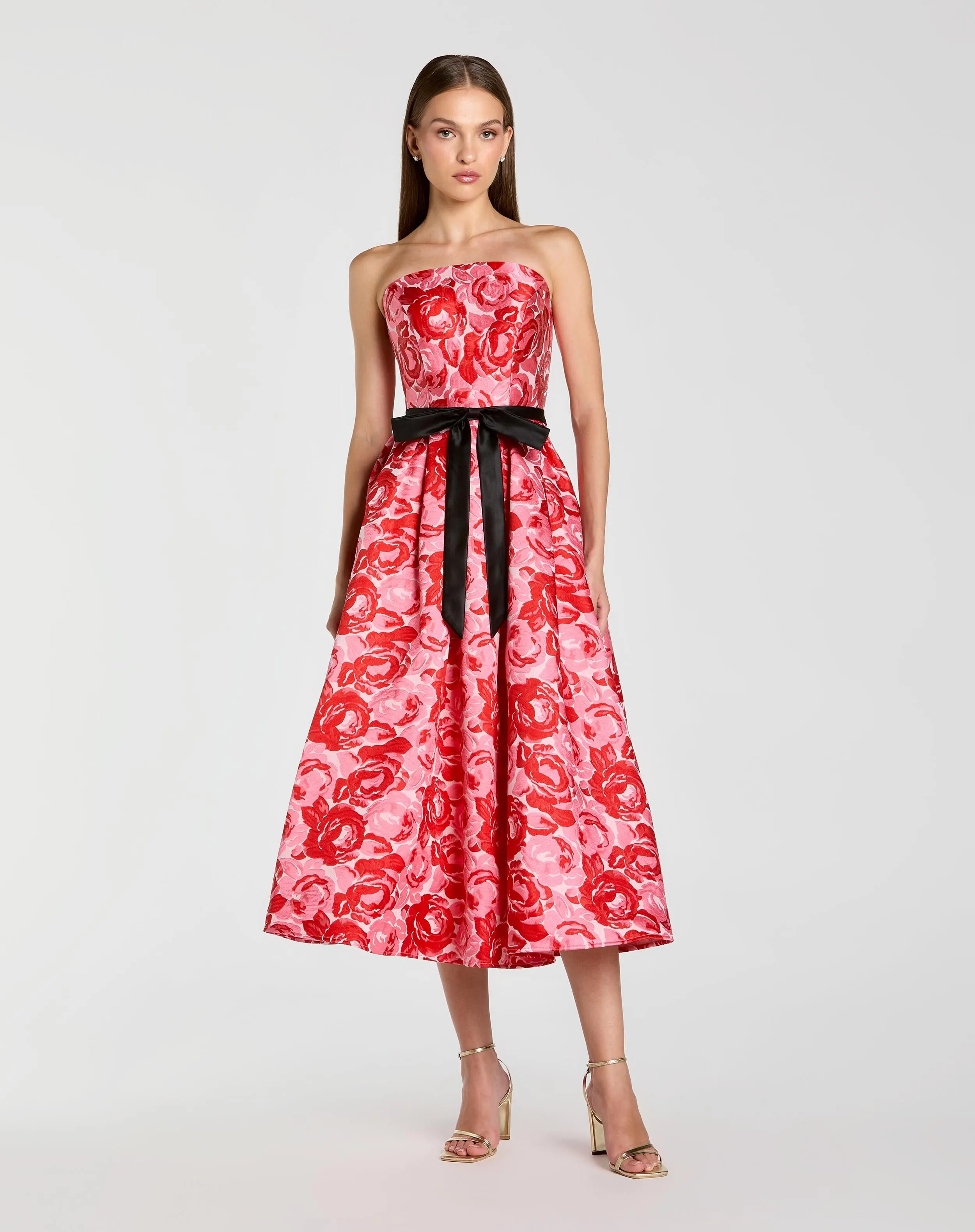 Red Strapless Brocade Midi Dress With Satin Bow - Special Events Unlimited