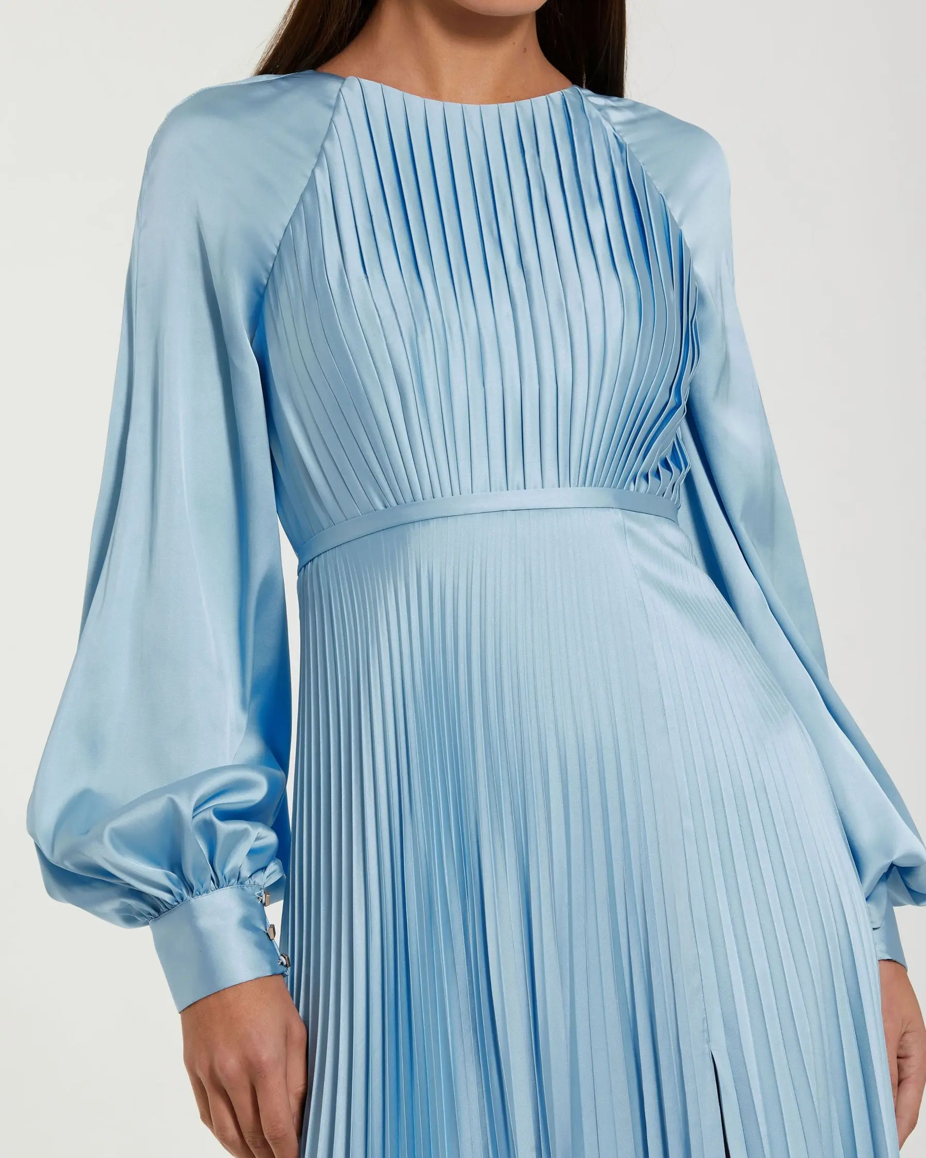 Blue Pleated High Neck Raglan Long Sleeve Side Slit Gown - Special Events Unlimited