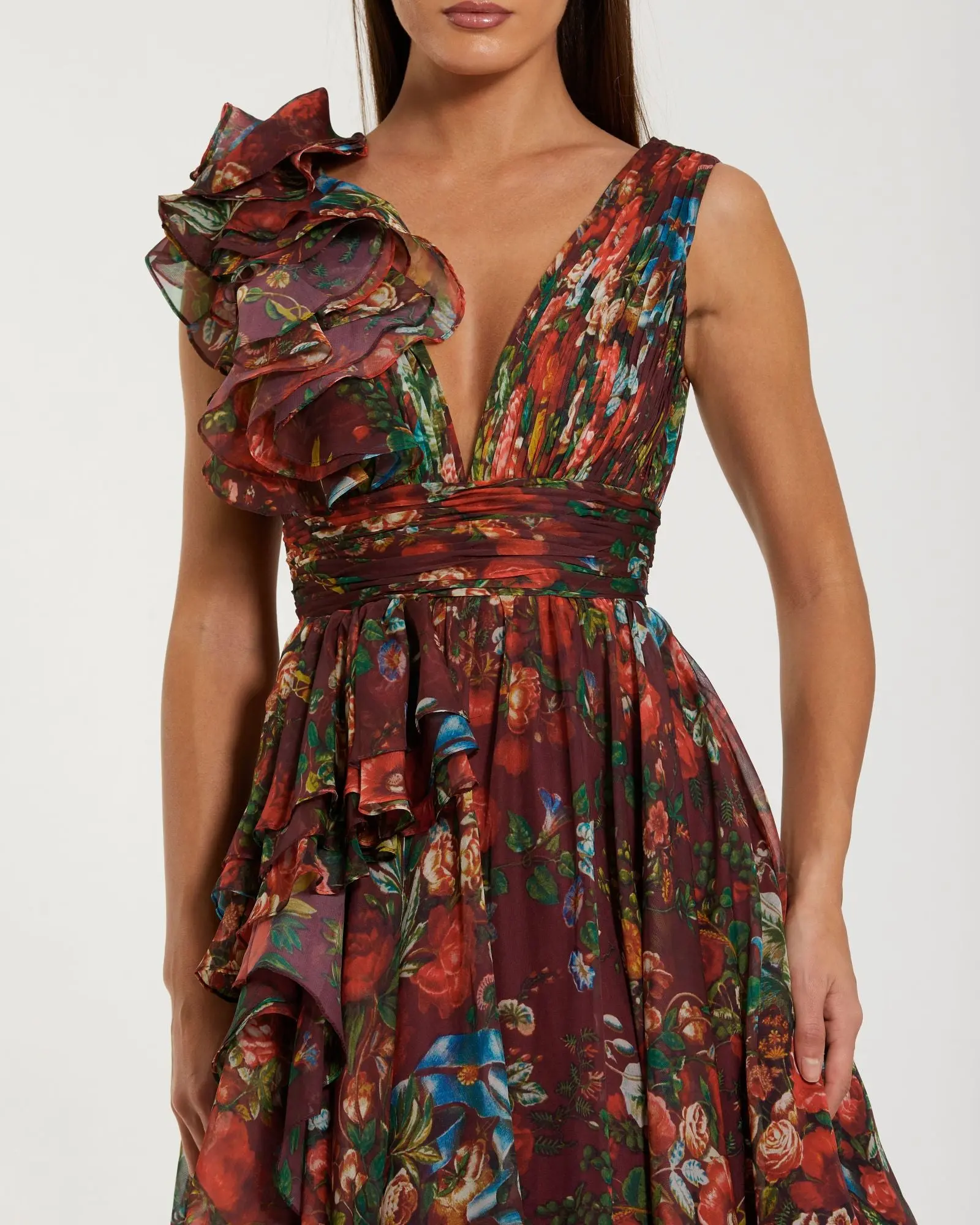 Wine Sleeveless V-Neck Floral Chiffon Ruffle Ball Gown - Special Events Unlimited