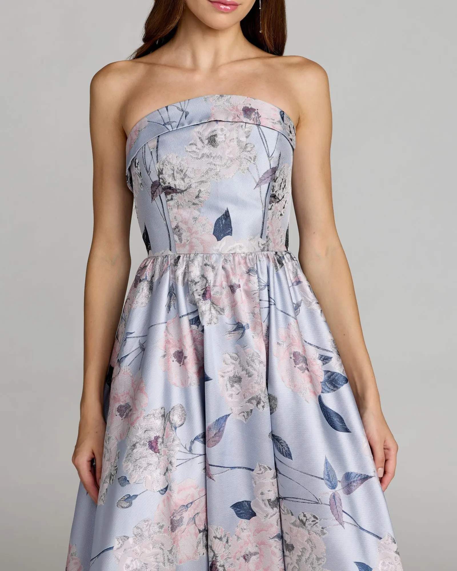 Blue Floral Brocade Strapless Ball Gown - Special Events Unlimited