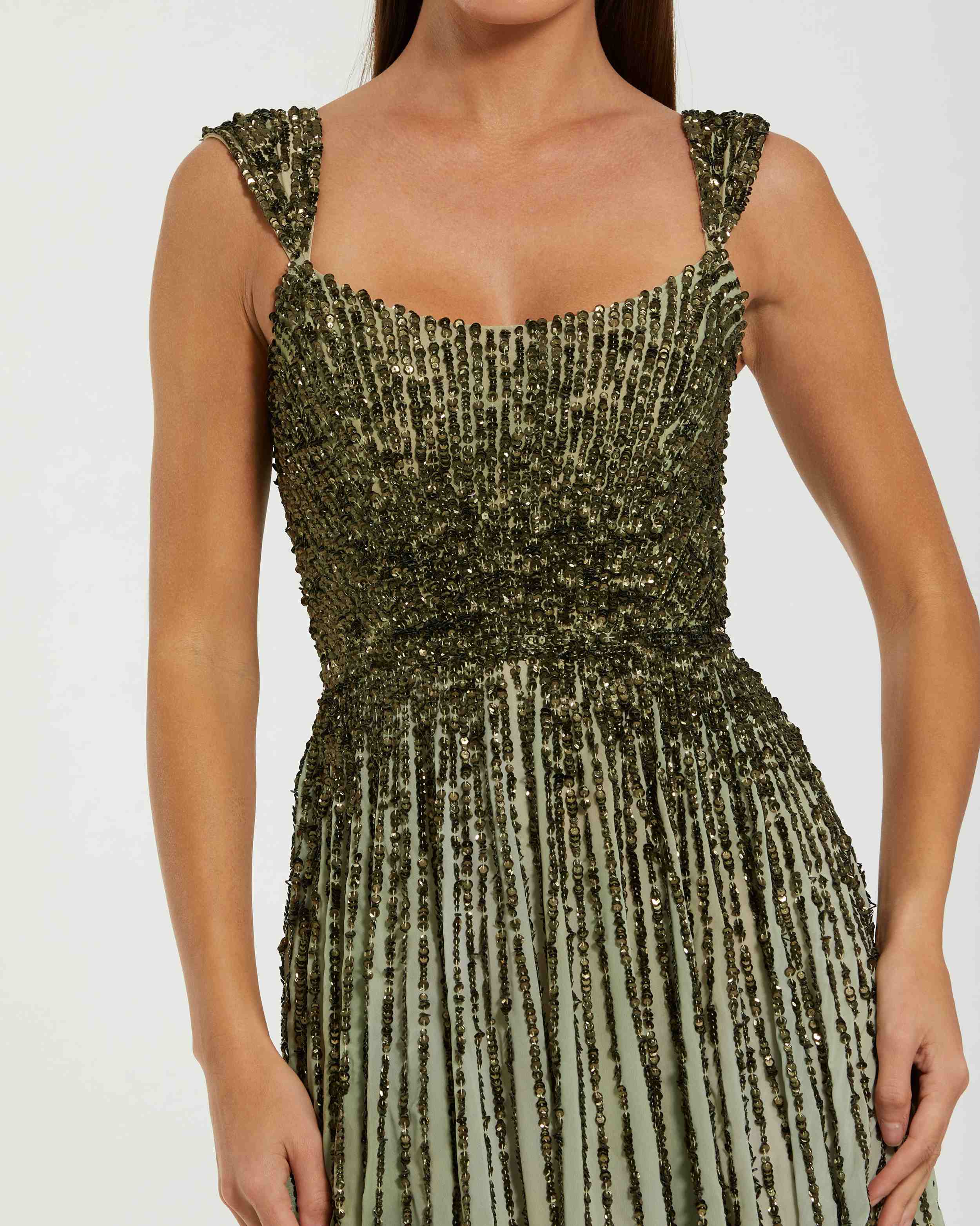 Green Sleeveless Sequin A Line Ombre Gown - Special Events Unlimited