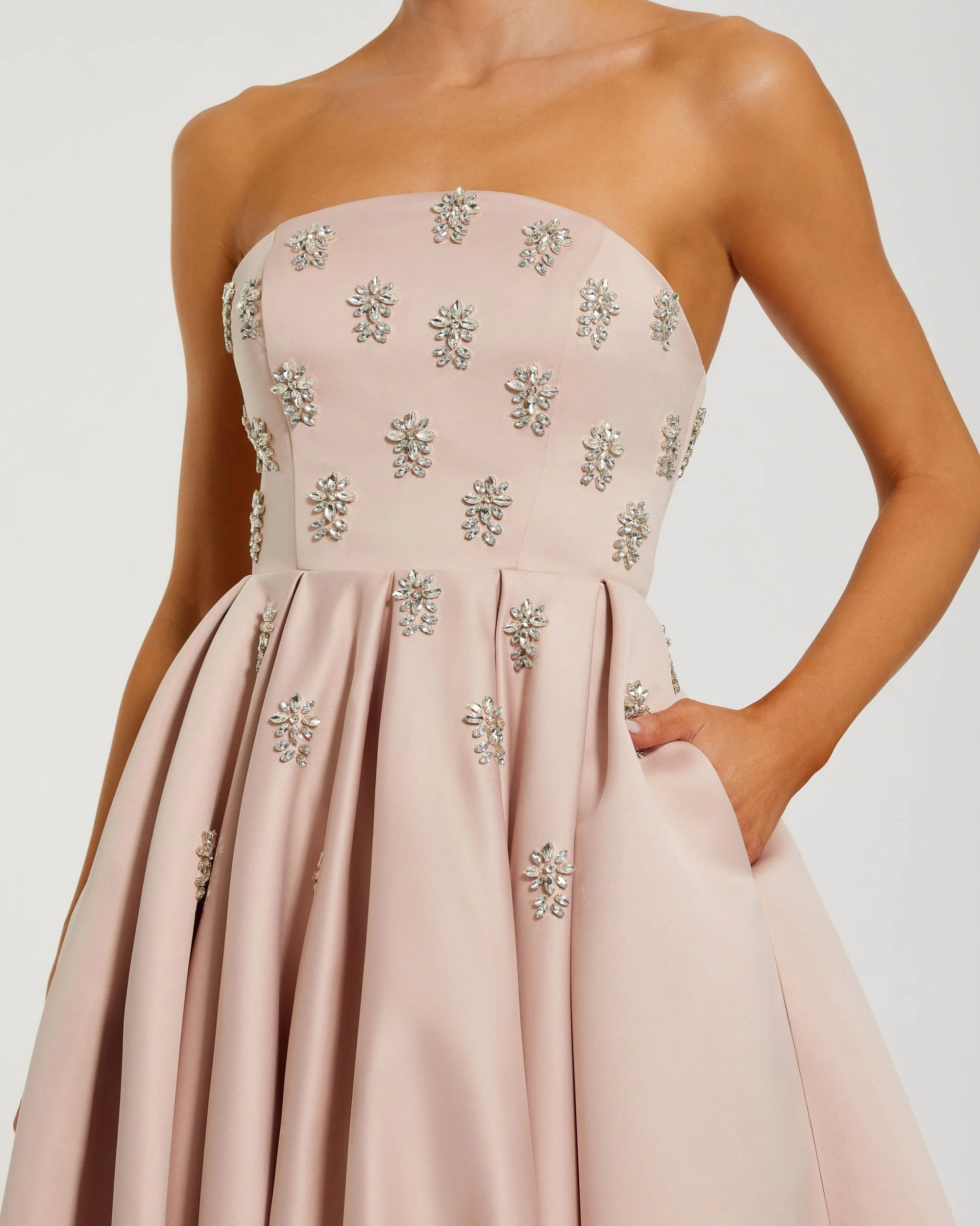 Pink Strapless Crystal Embellished Satin A-Line Dress - Special Events Unlimited