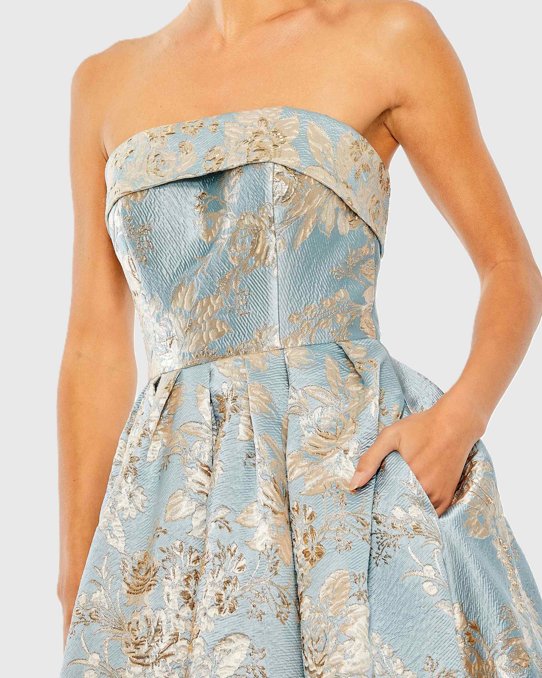 Light Blue Strapless Brocade Midi Dress With Pockets - Special Events Unlimited