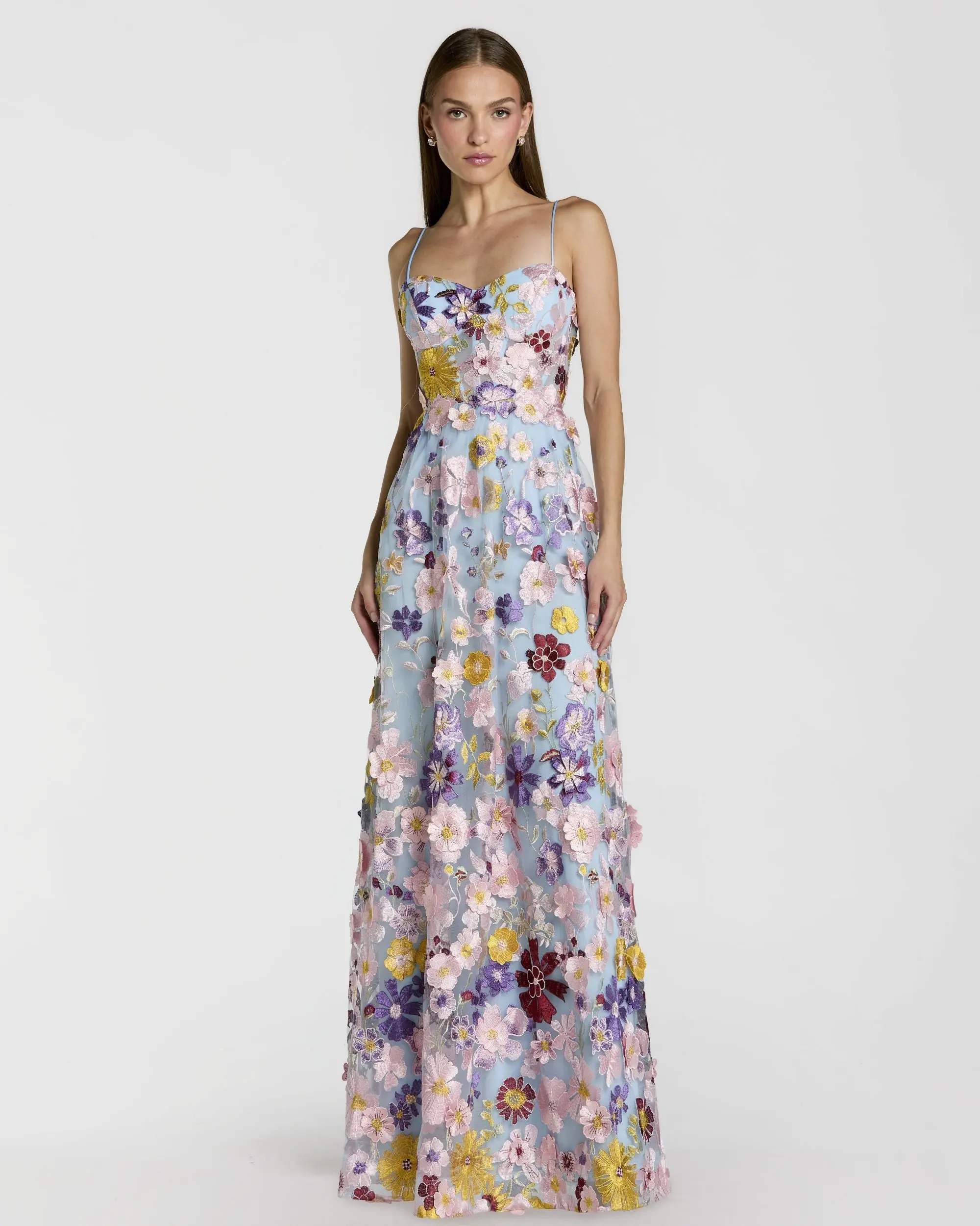 Blue Spaghetti Strap Floral Embroidered A-Line Gown - Special Events Unlimited