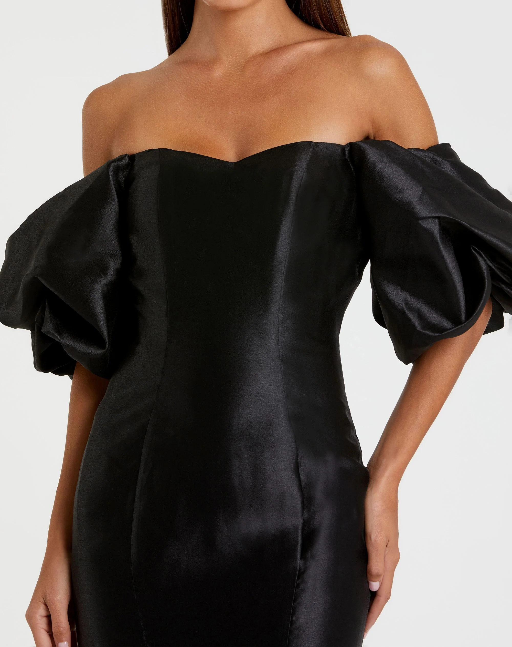 Petite Black Sweetheart Off The Shoulder Puff Sleeve Gown - Special Events Unlimited