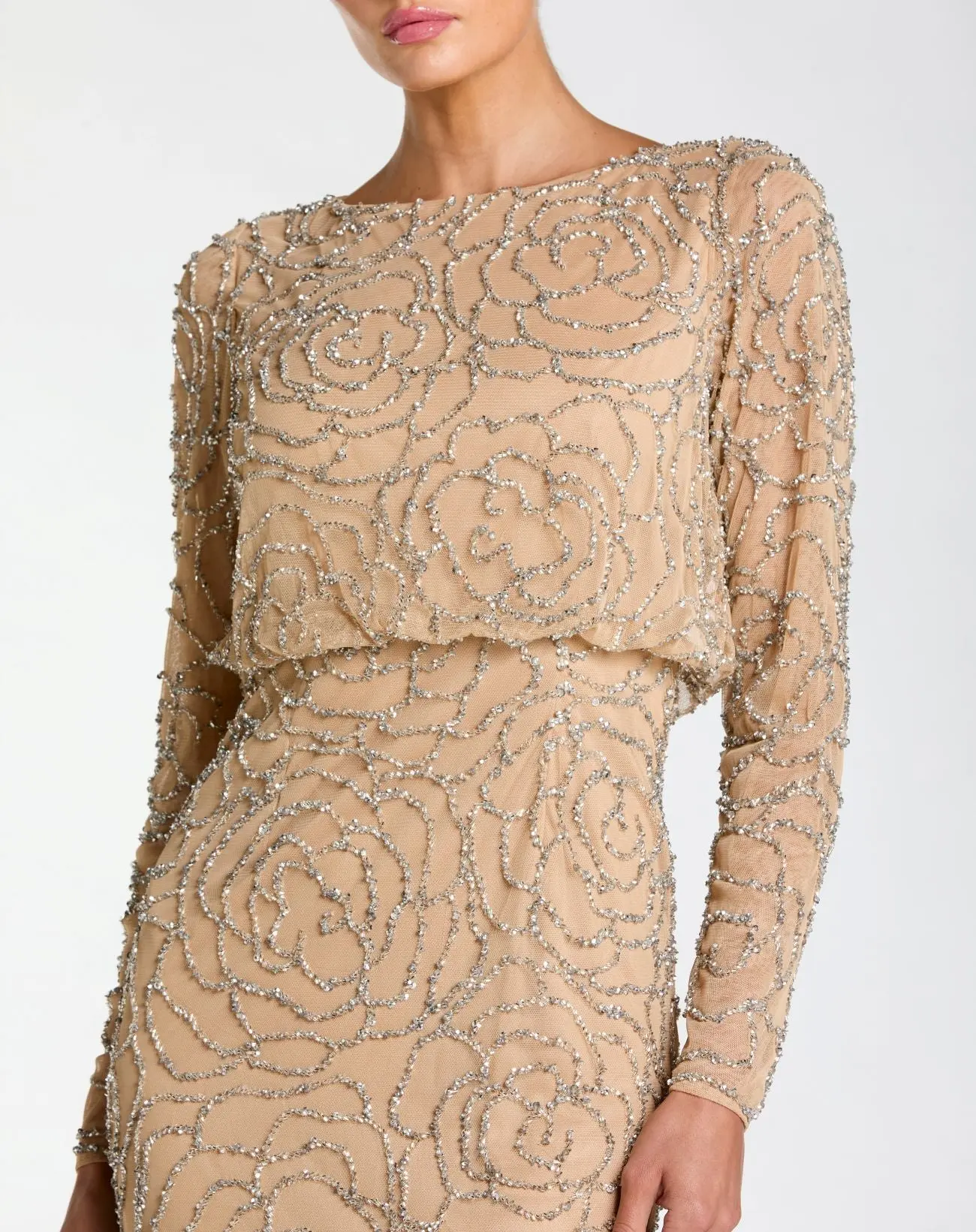 Beige Long Sleeve Beaded Blouson Gown - Special Events Unlimited