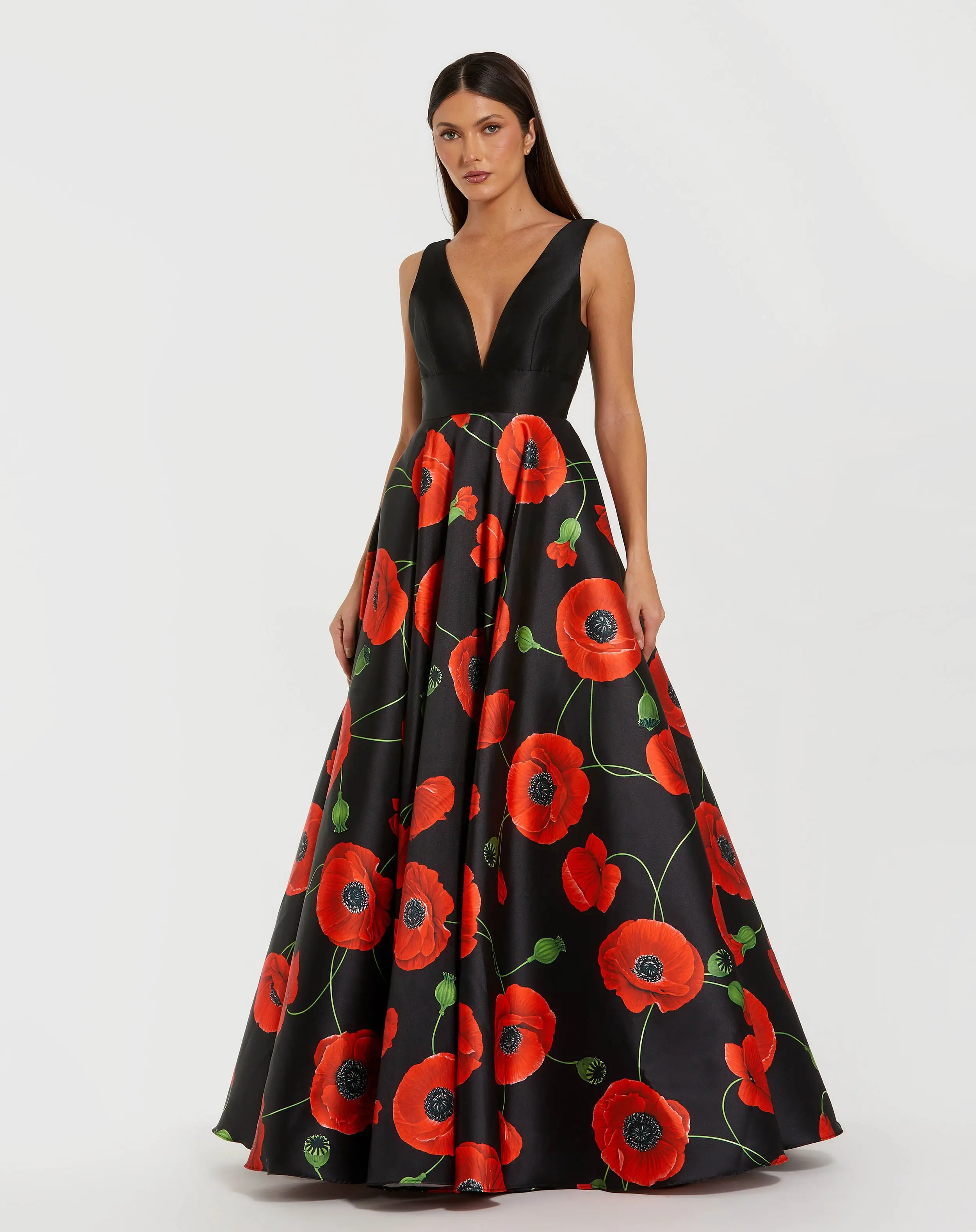 Black Plunge Neck Ball Gown With Floral Mikado Skirt - Special Events Unlimited
