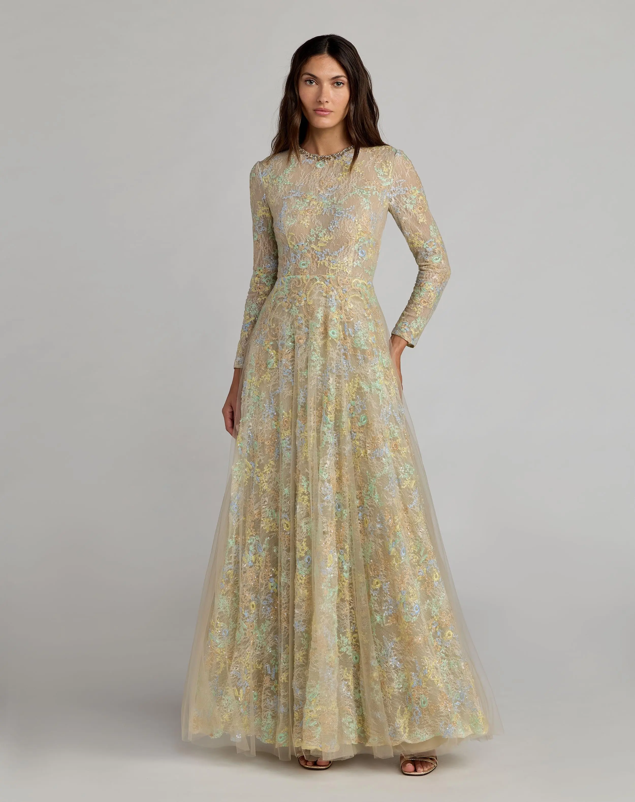 Beige Long Sleeve Embellished Lace A-Line Gown - Special Events Unlimited