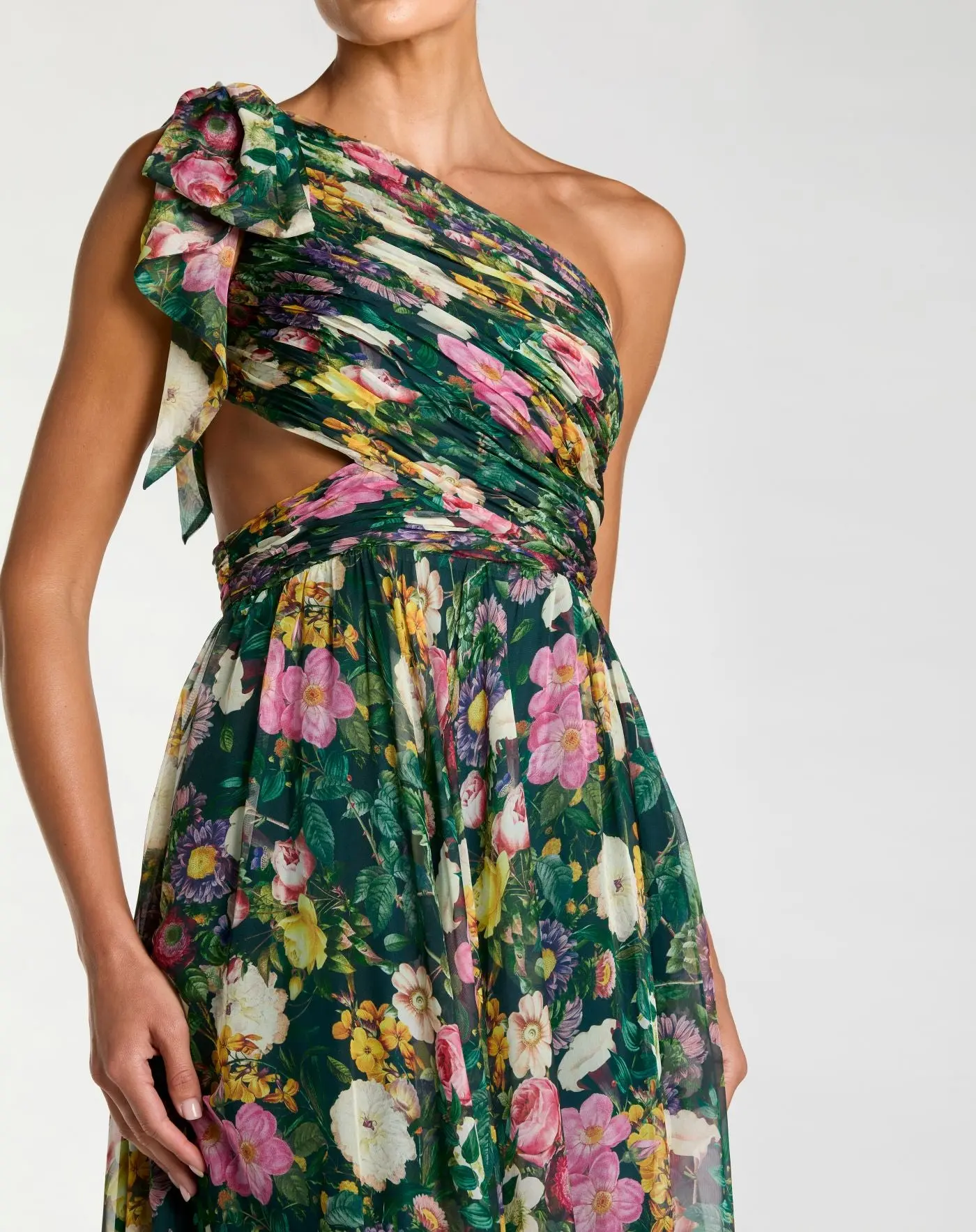 Green One Shoulder Floral Printed Chiffon Side Cut Out Gown - Special Events Unlimited